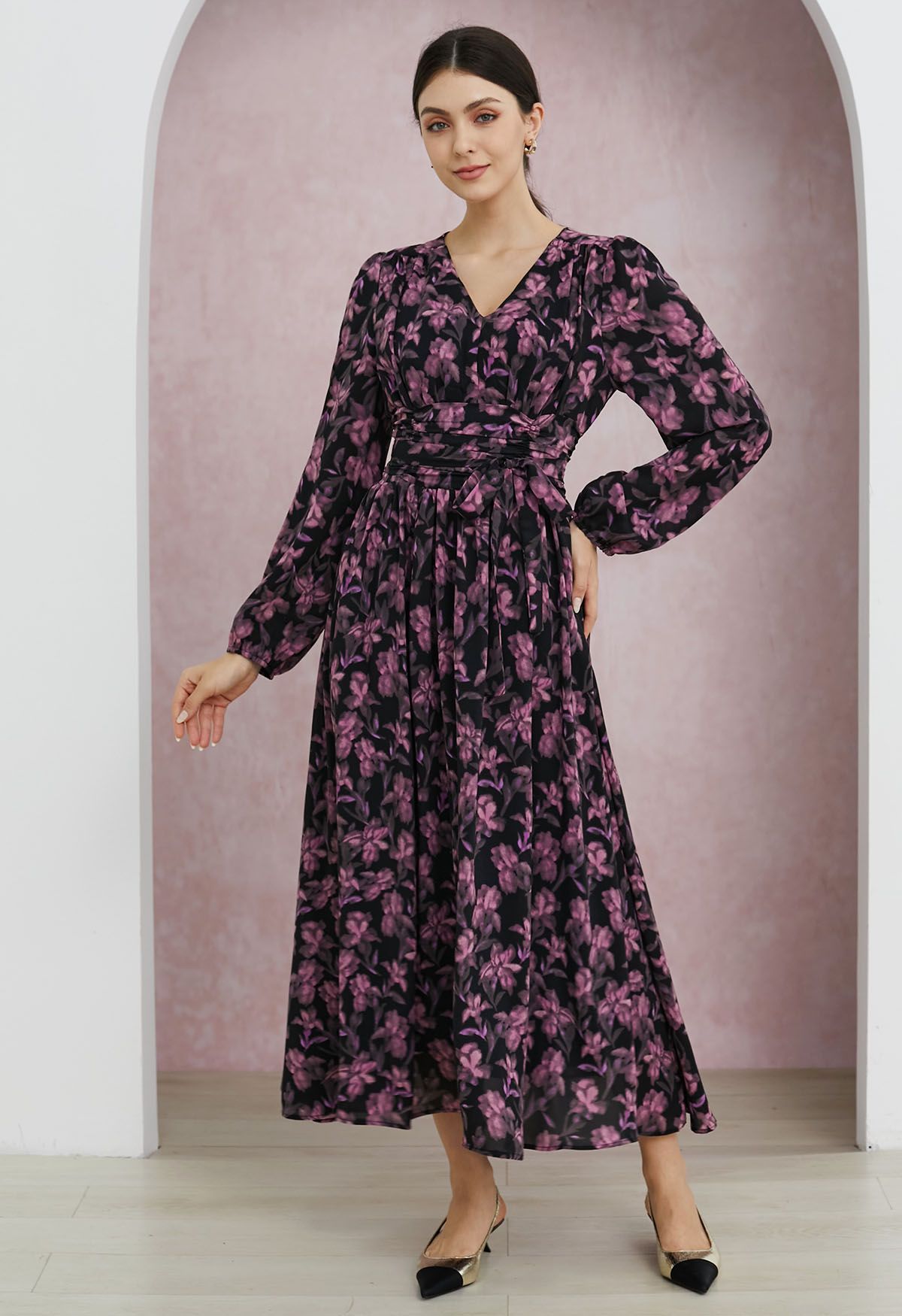 Floral Serenade V-Neck Chiffon Maxi Dress in Pink