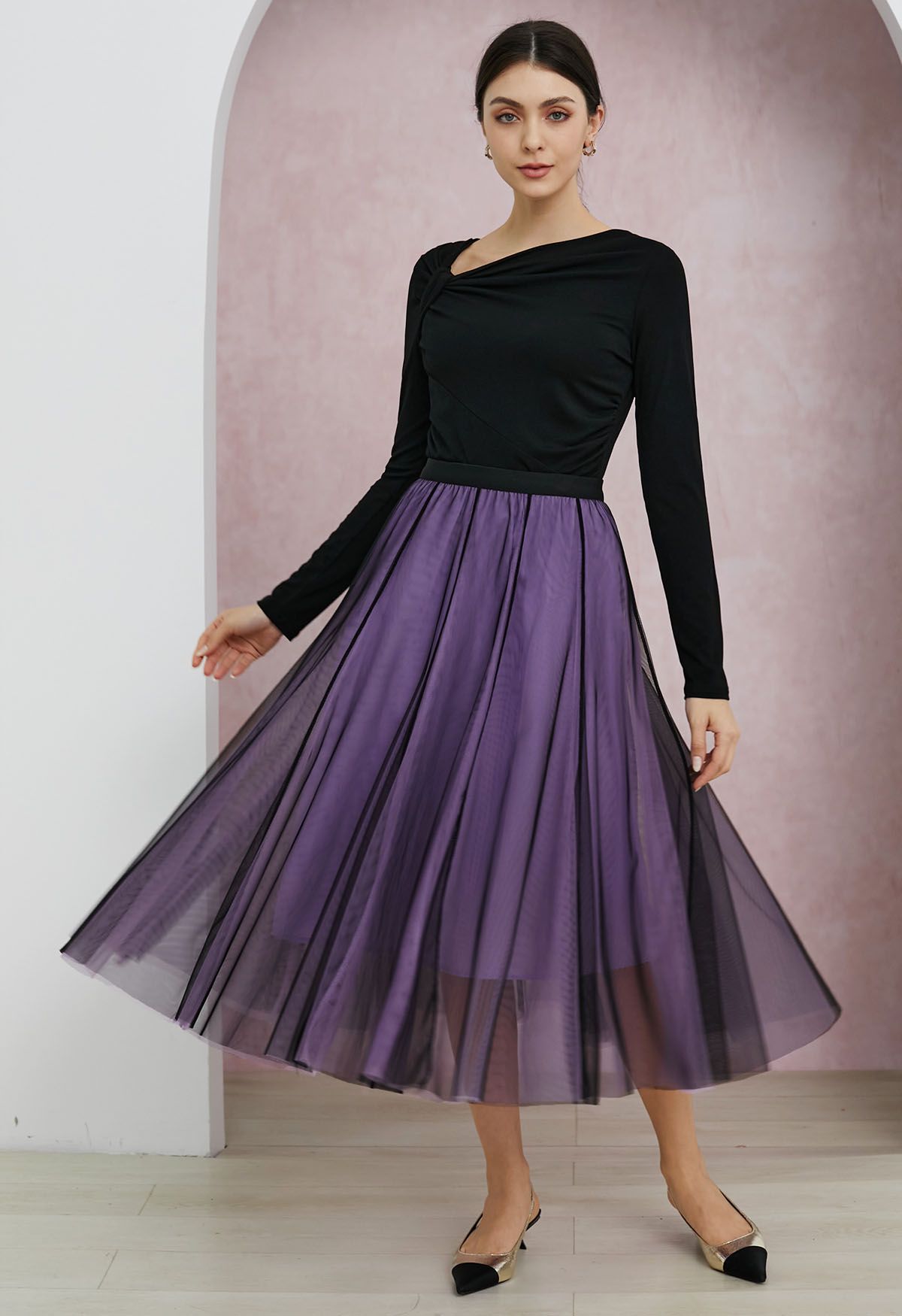 Mixture Color Panelled Tulle Maxi Skirt in Purple