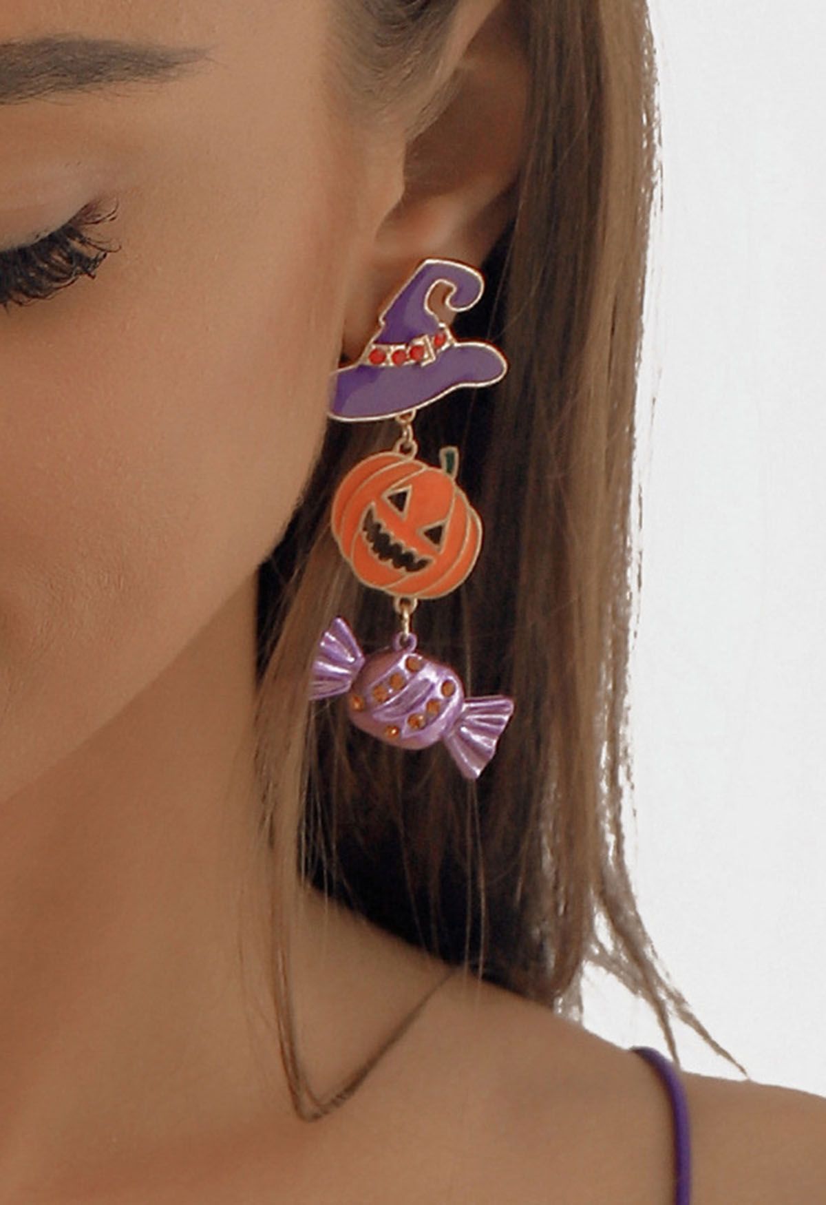 Witch Hat Pumpkin Candy Earrings in Purple