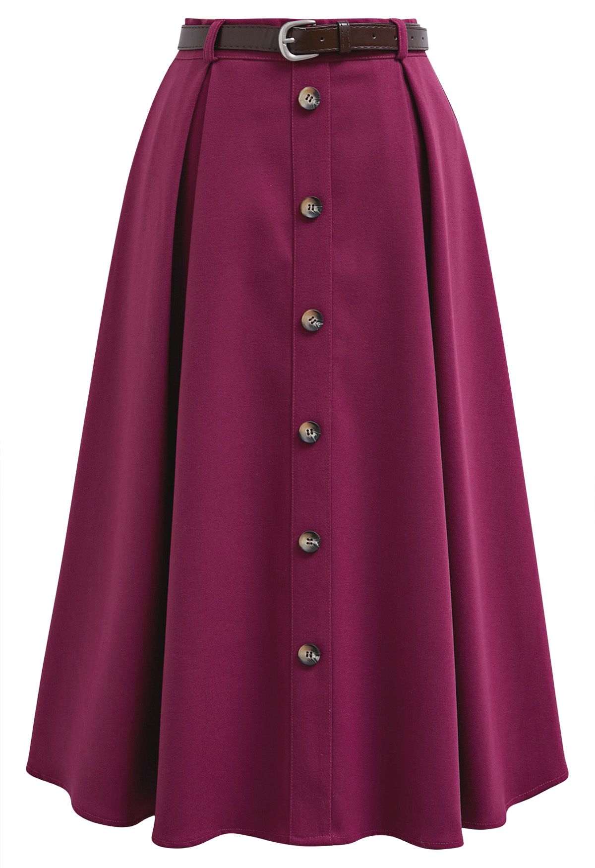 Vintage-Inspired Button Trim Pleated Midi Skirt in Berry