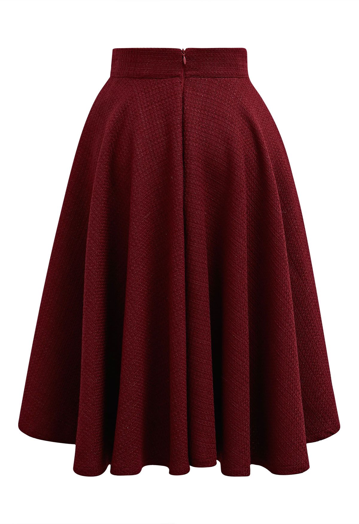 Autumn Edit Tweed Flare Midi Skirt in Burgundy