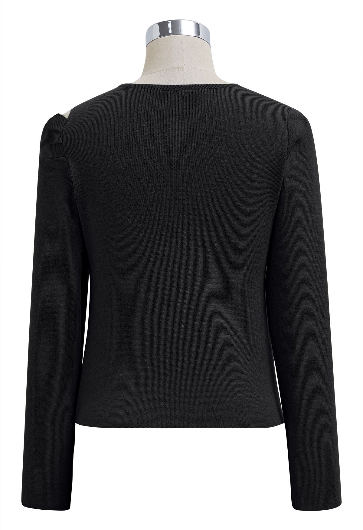 Knotted Shoulder Cutout Long-Sleeve Knit Top in Black