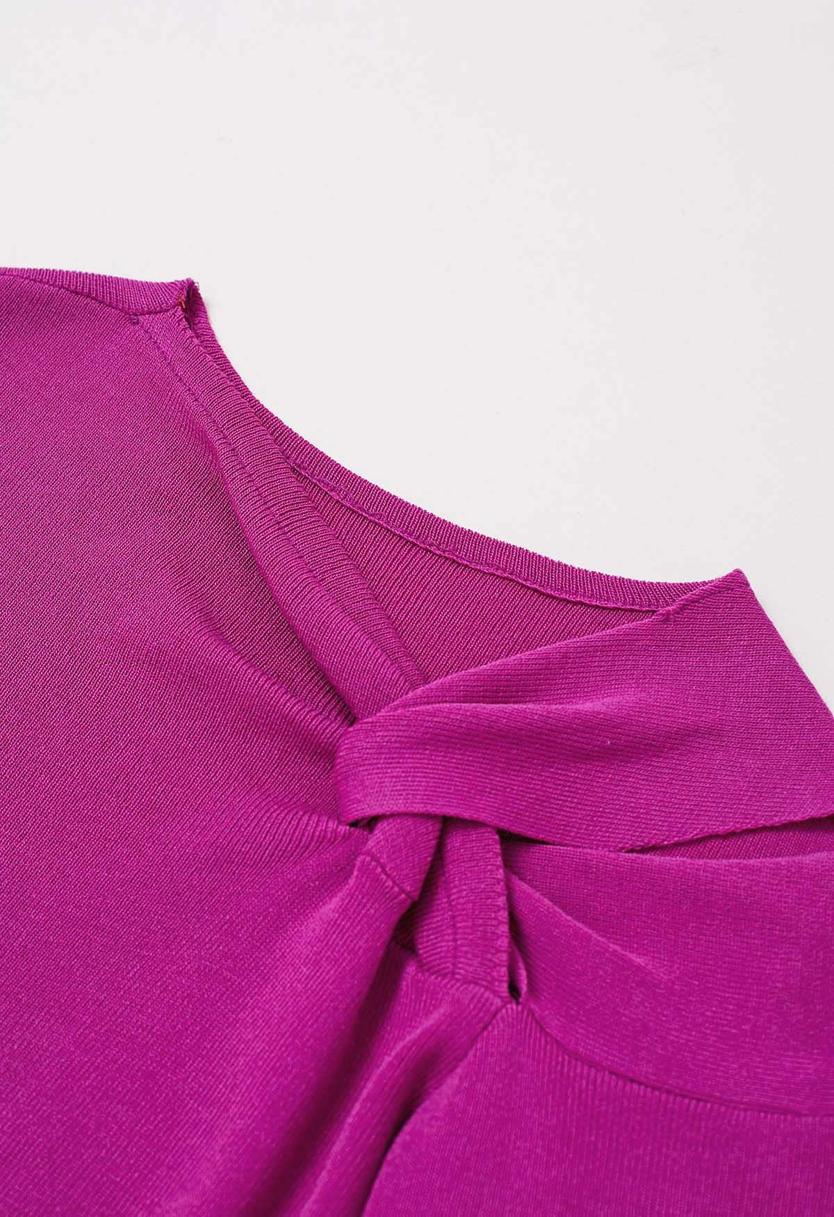 Knotted Shoulder Cutout Long-Sleeve Knit Top in Magenta