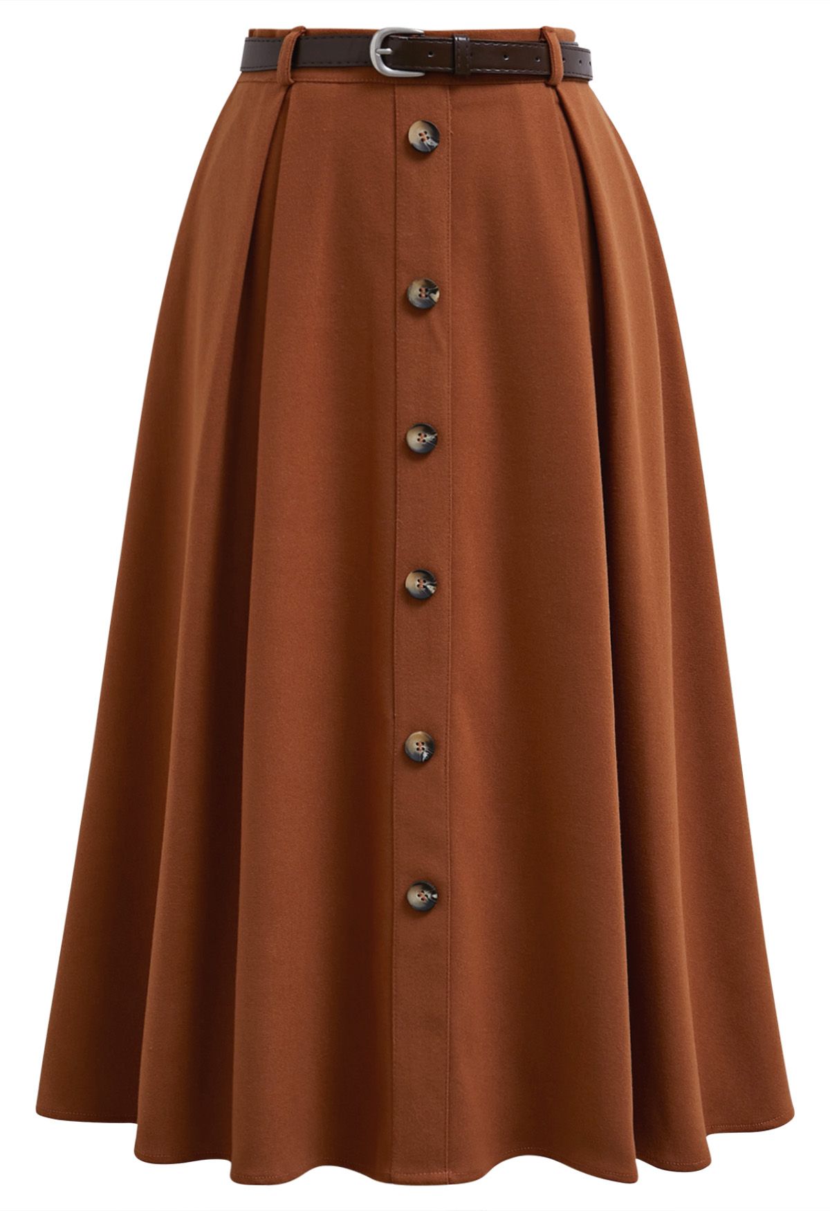 Vintage-Inspired Button Trim Pleated Midi Skirt in Pumpkin