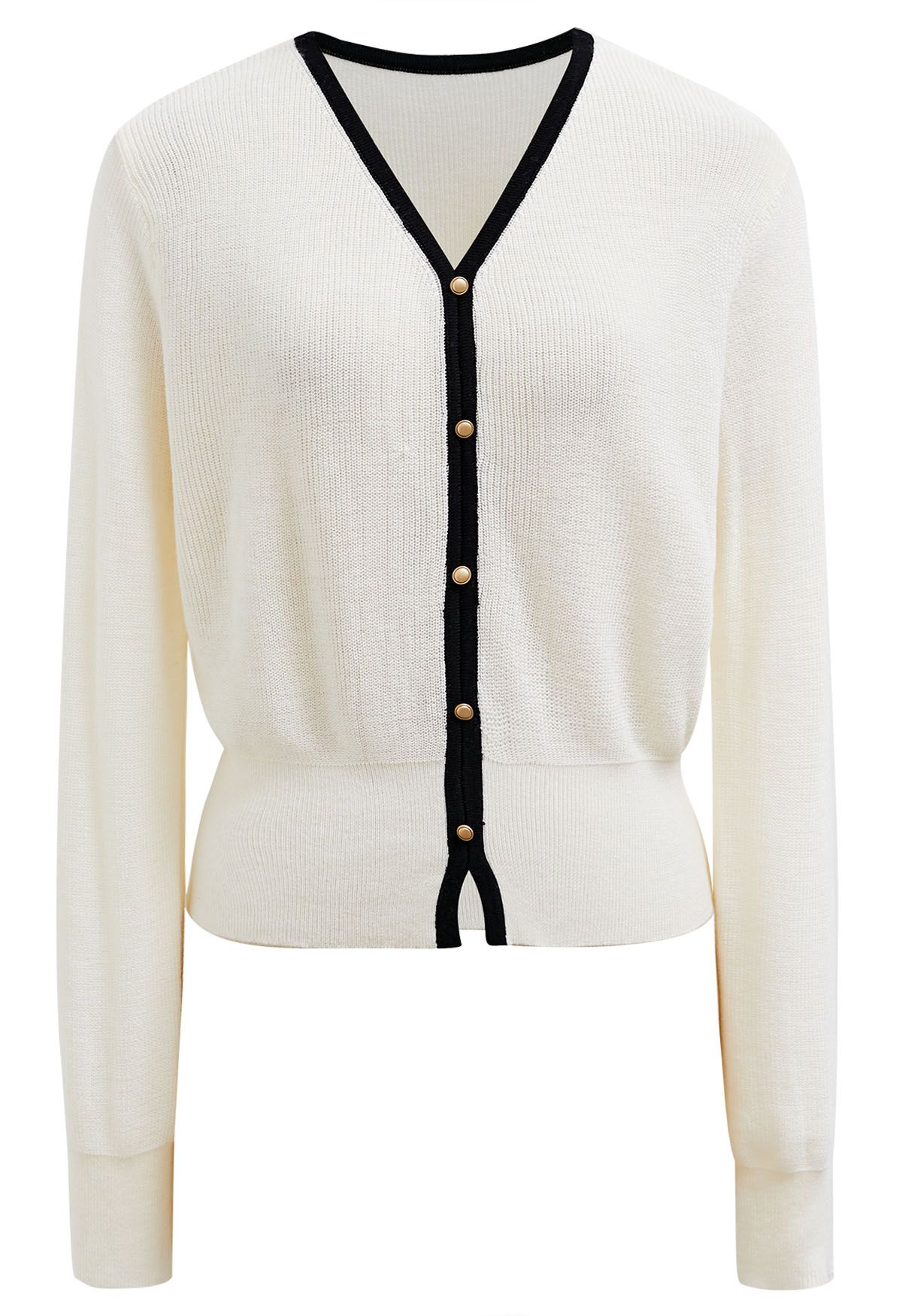 Button Trim Contrast Knit Cardigan in White