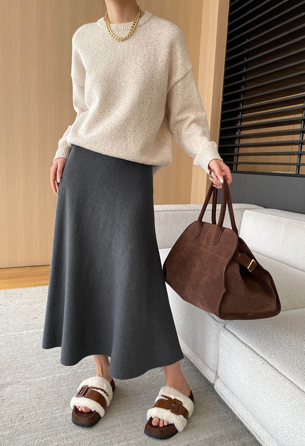 Solid Color A-Line Knit Midi Skirt in Smoke