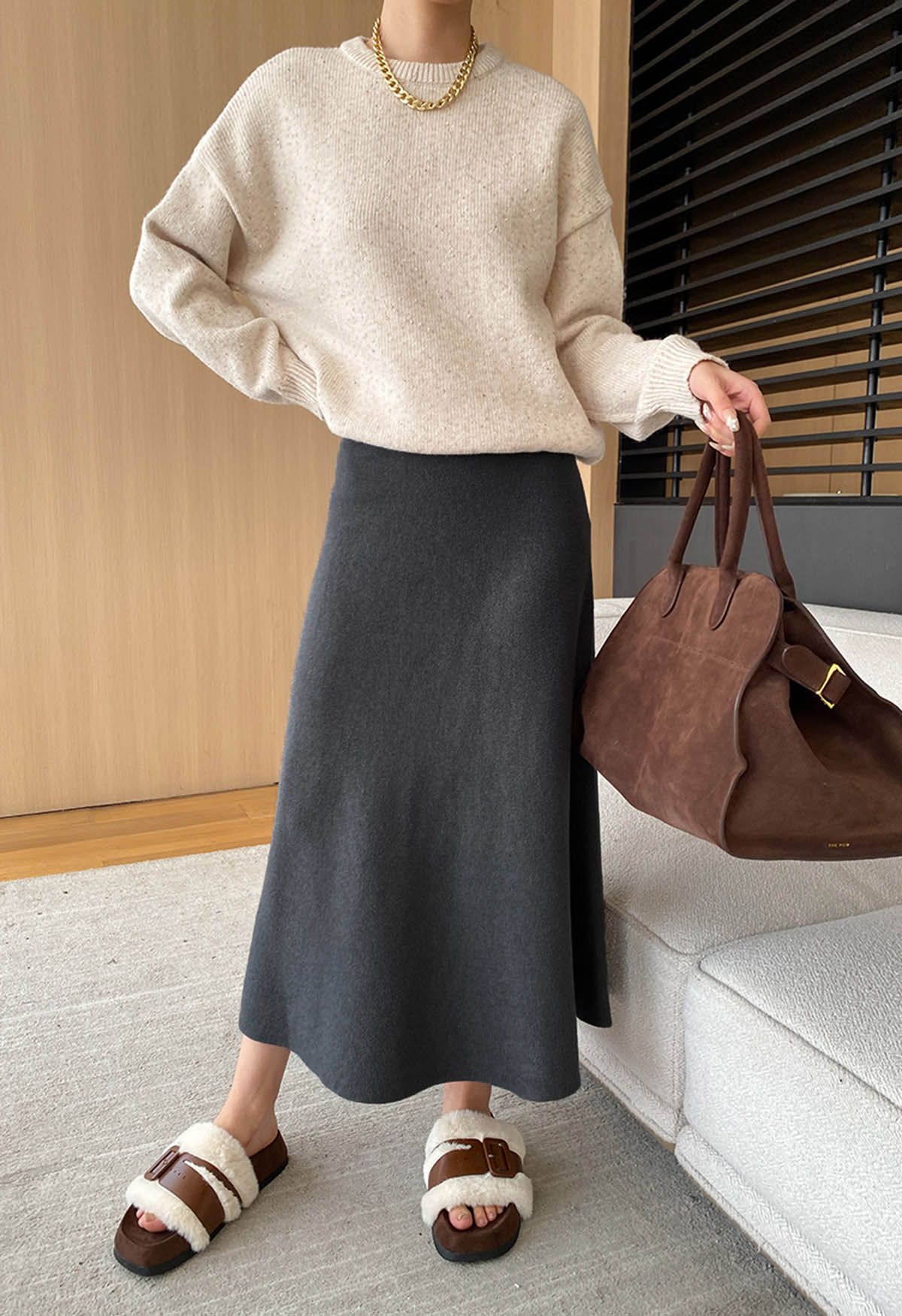 Solid Color A-Line Knit Midi Skirt in Smoke