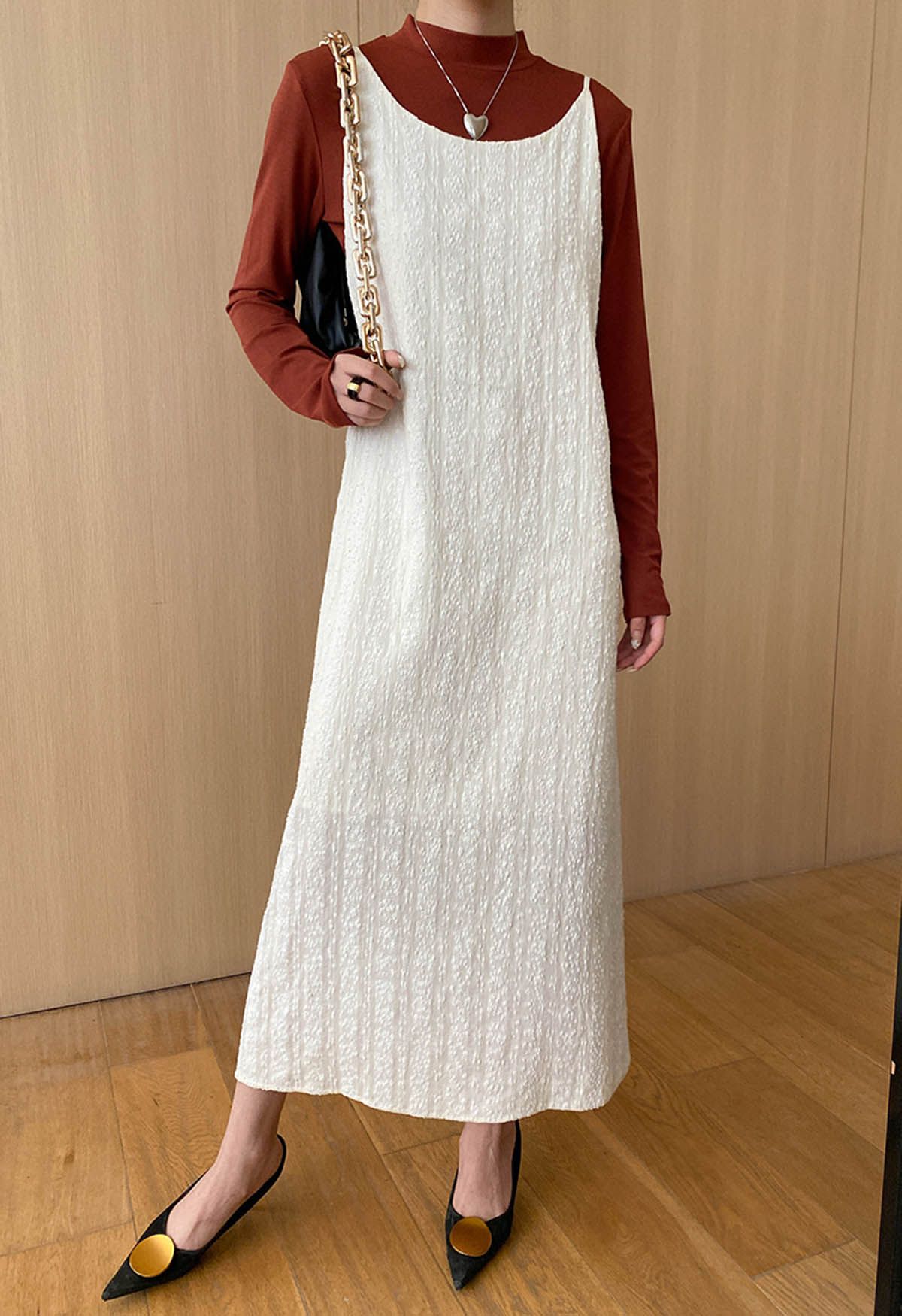 Wondrous Embossed Texture Tie-Strap Midi Dress in Ivory