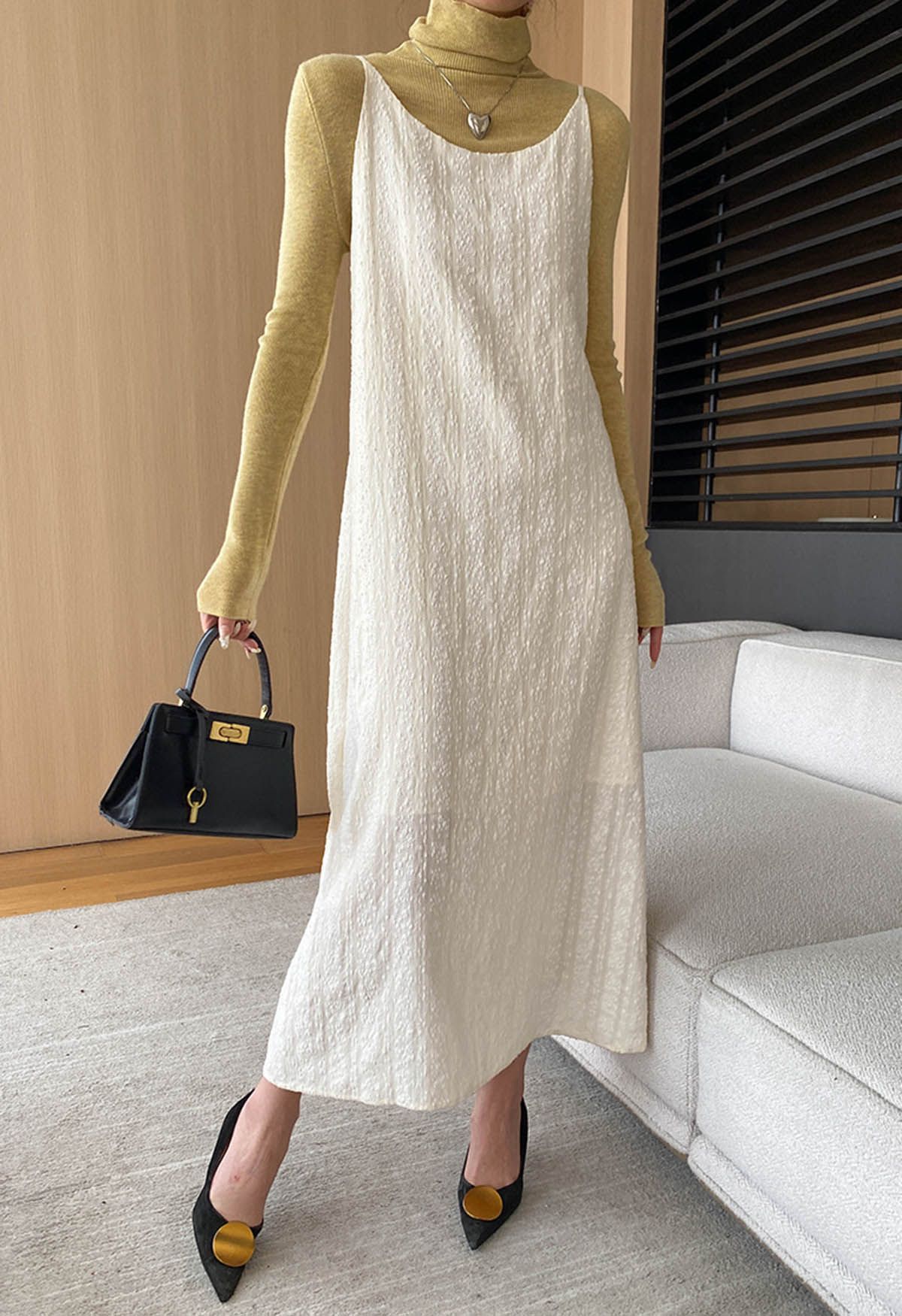 Wondrous Embossed Texture Tie-Strap Midi Dress in Ivory