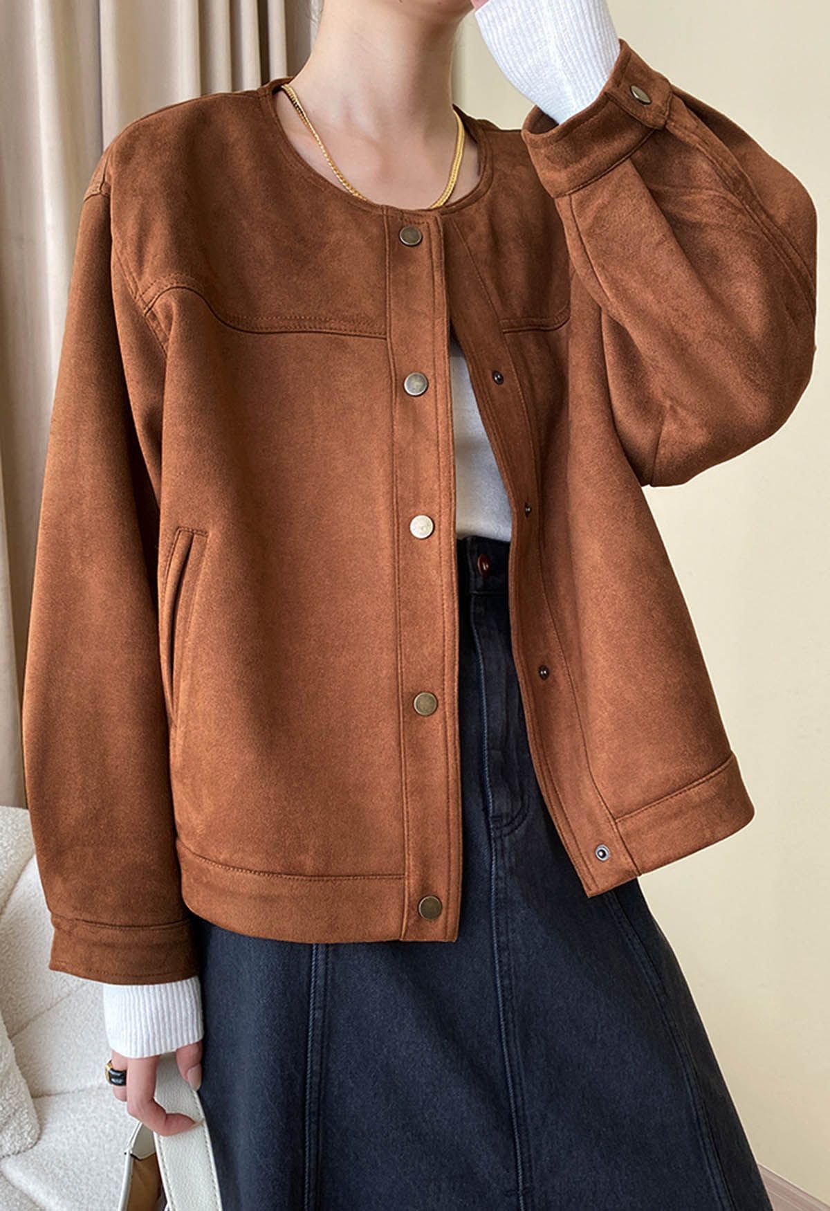 Dashing Faux Suede Stud Button Jacket