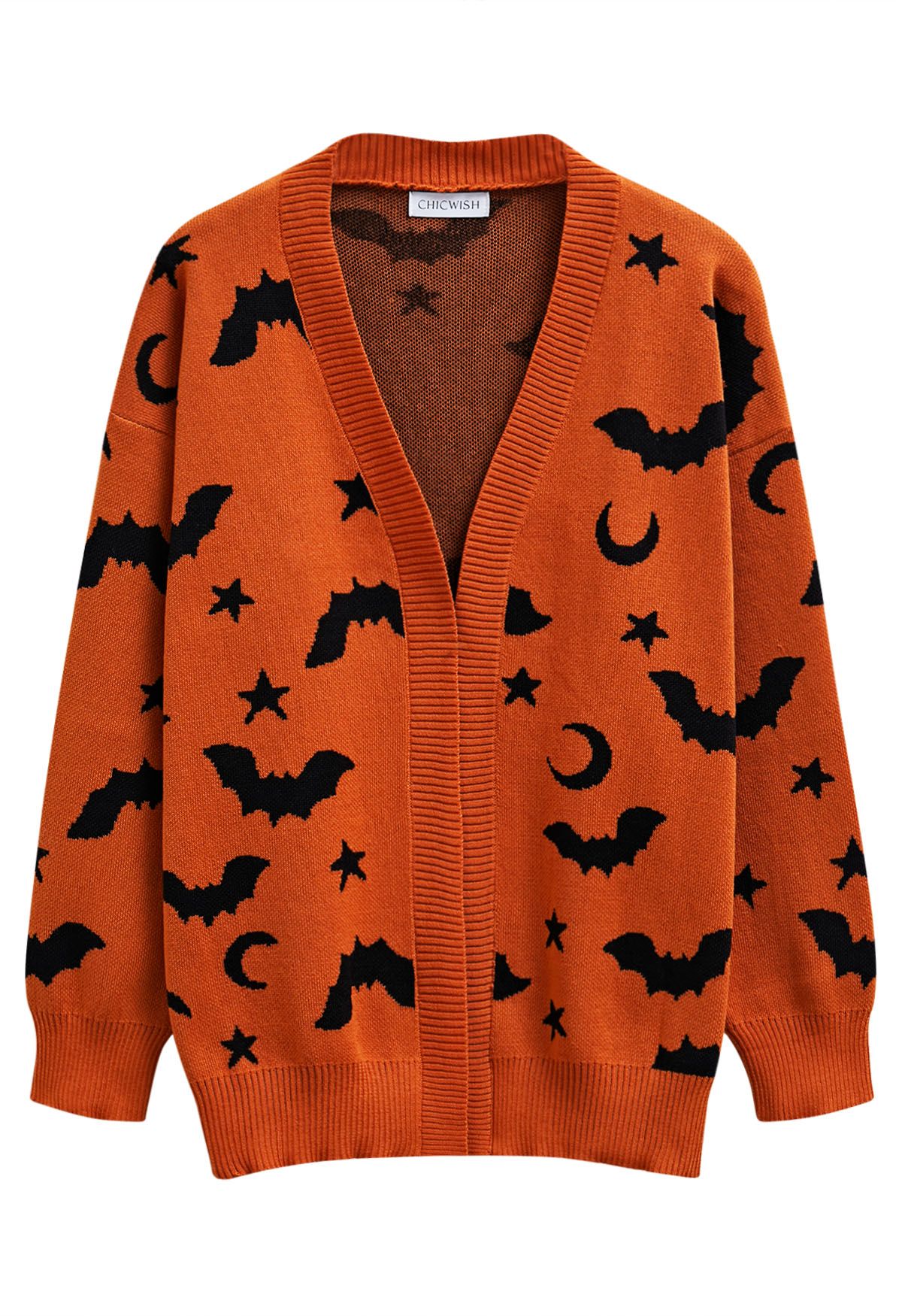 Moonlit Bats and Stars Open Front Knit Cardigan in Pumpkin