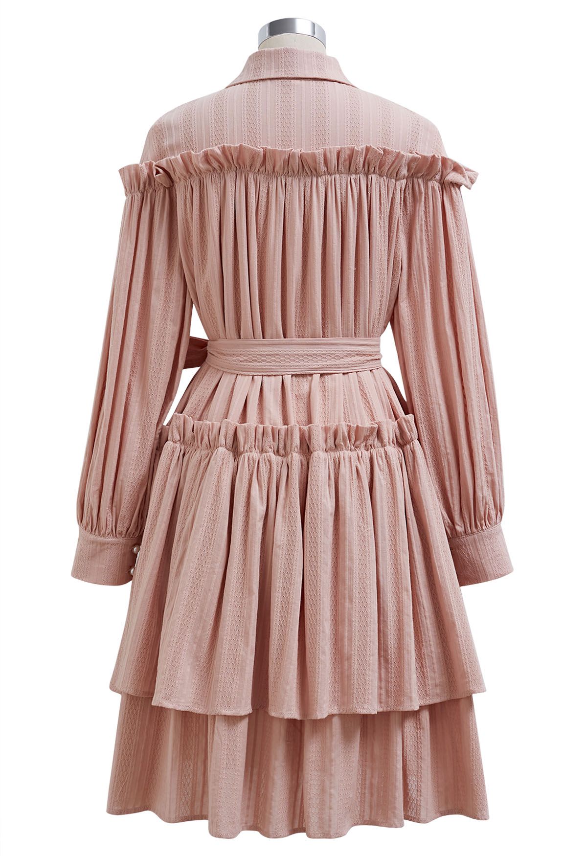 Ruffles Tiered Buttoned Belted Dolly Dress in Pink