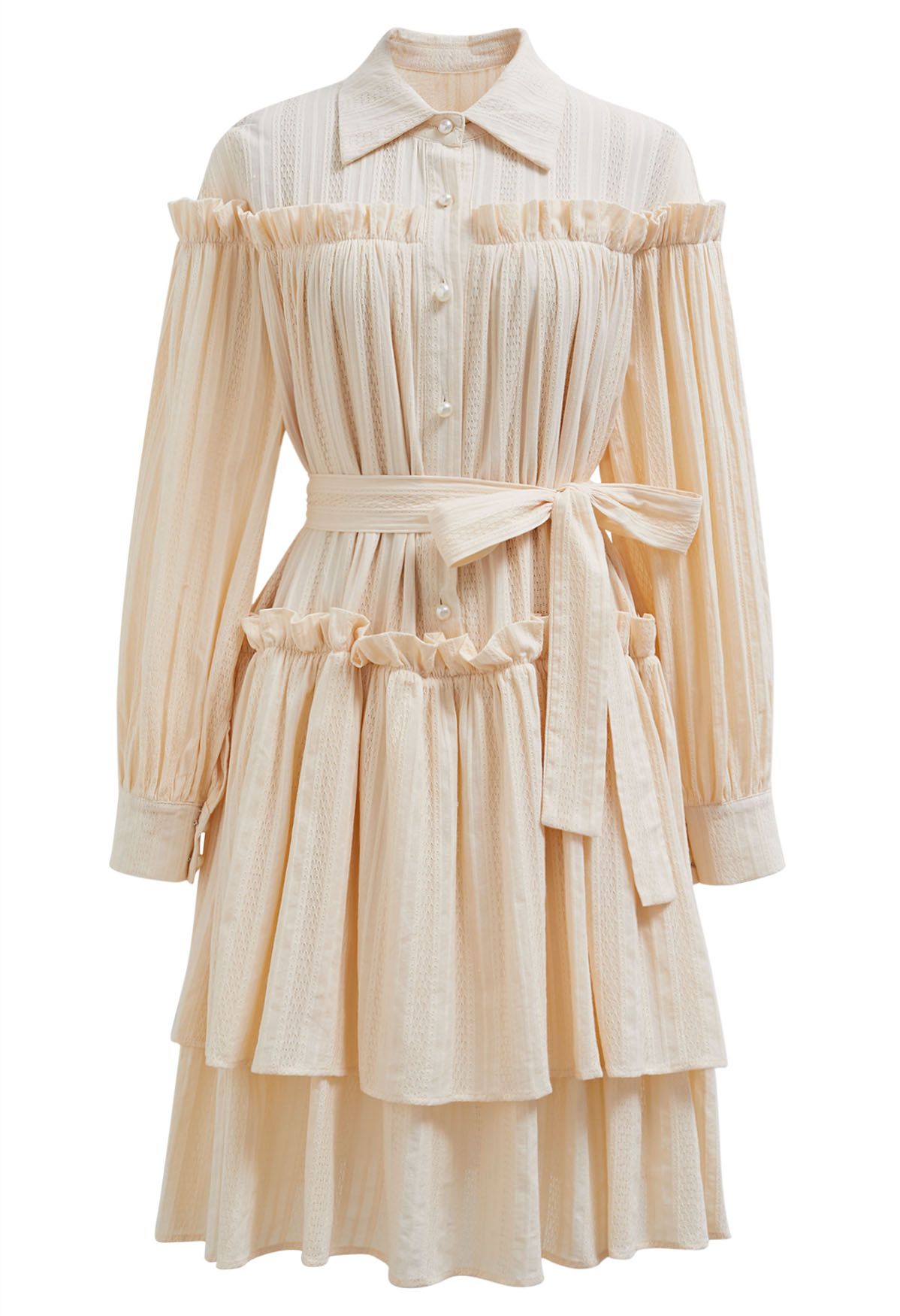 Ruffles Tiered Buttoned Belted Dolly Dress in Light Yellow