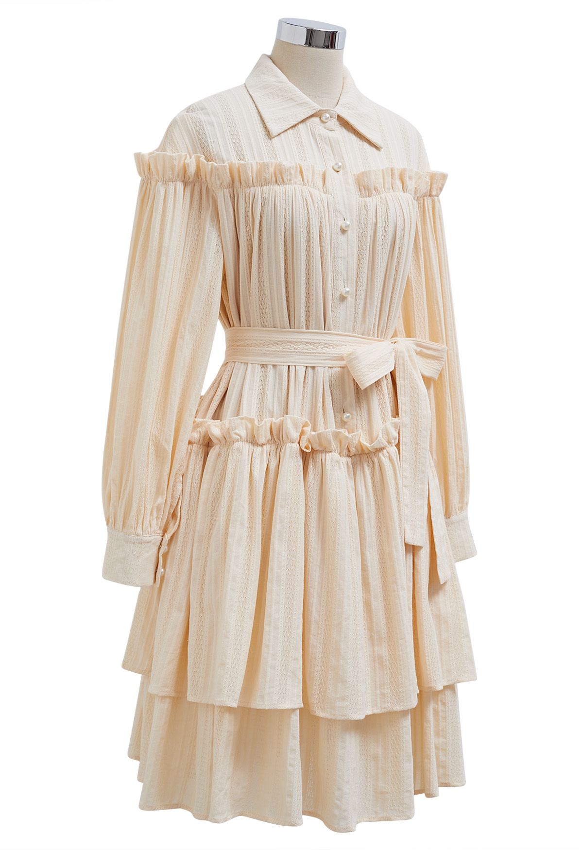 Ruffles Tiered Buttoned Belted Dolly Dress in Light Yellow