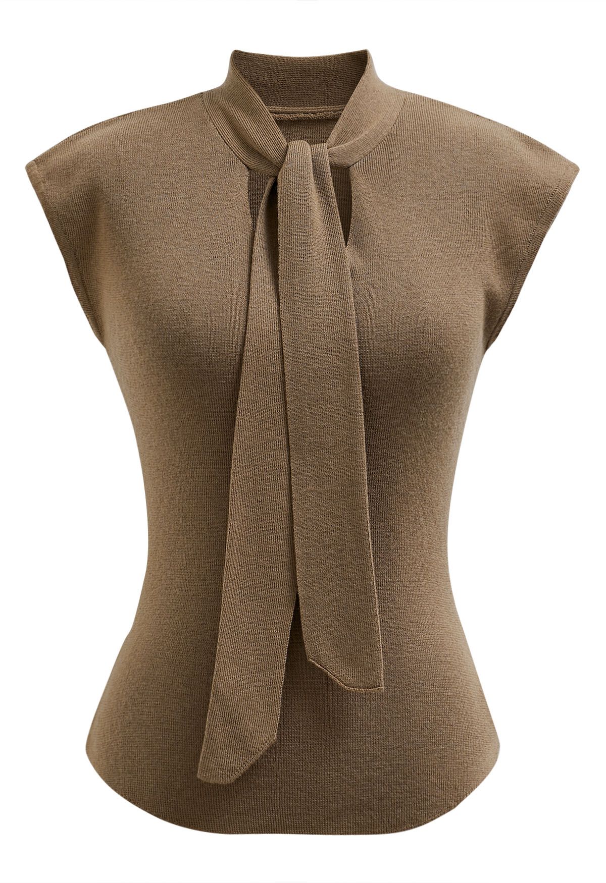 Ribbon-Tied Neckline Cap Sleeve Knit Top in Tan