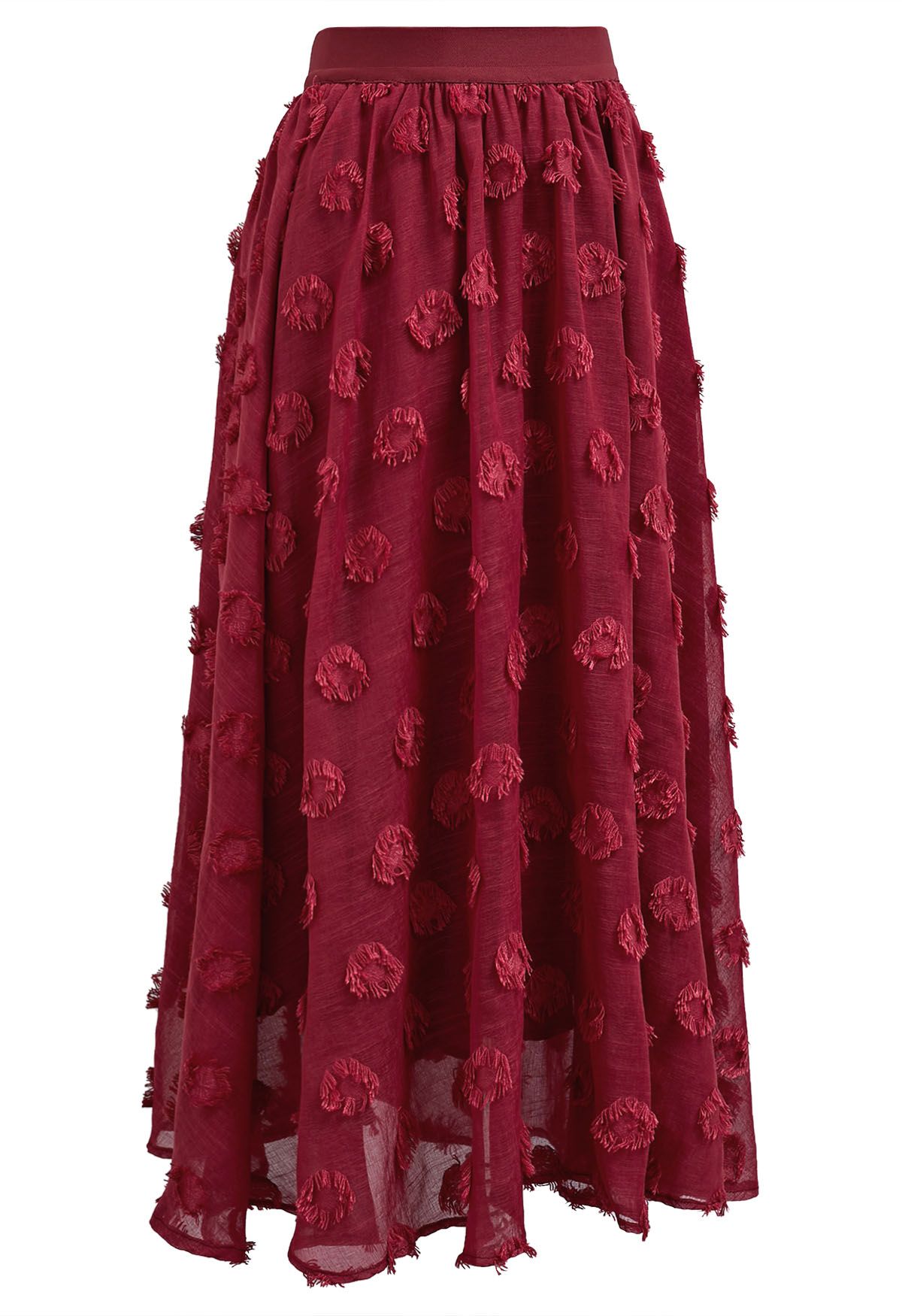 Tassel Spots Elastic Midi Skirt in Red