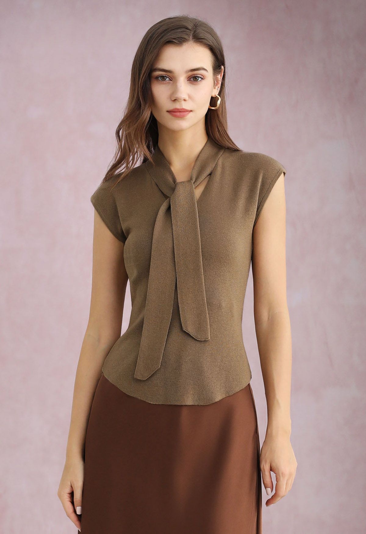 Ribbon-Tied Neckline Cap Sleeve Knit Top in Tan