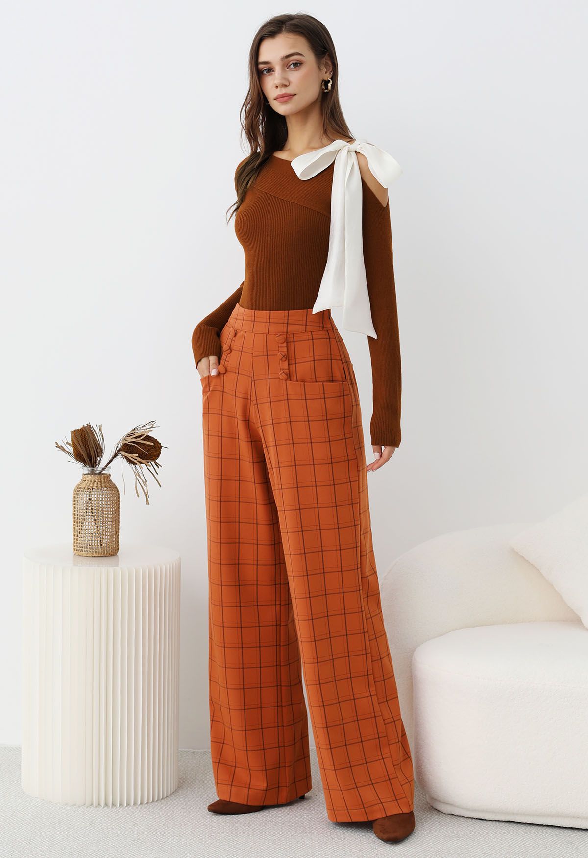 Sheer Tie-Strap One Shoulder Knit Top in Pumpkin