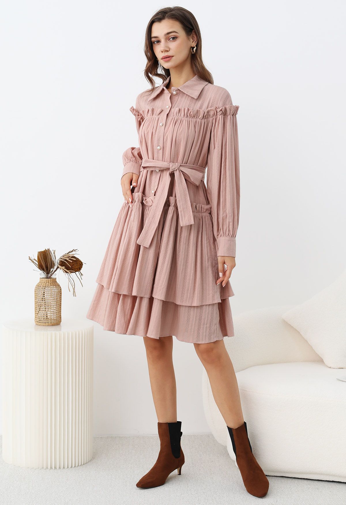 Ruffles Tiered Buttoned Belted Dolly Dress in Pink