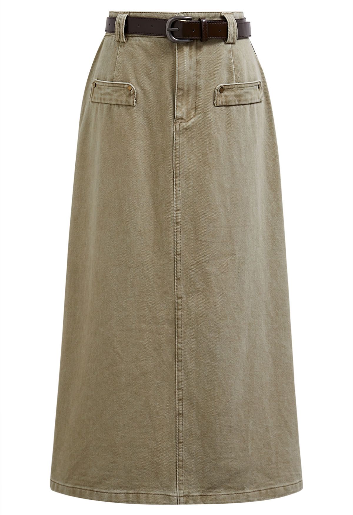 Utility Chic Belted Pocket Trim Denim Skirt in Sand