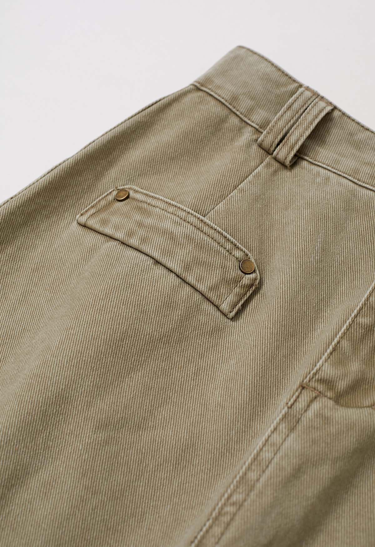 Utility Chic Belted Pocket Trim Denim Skirt in Sand