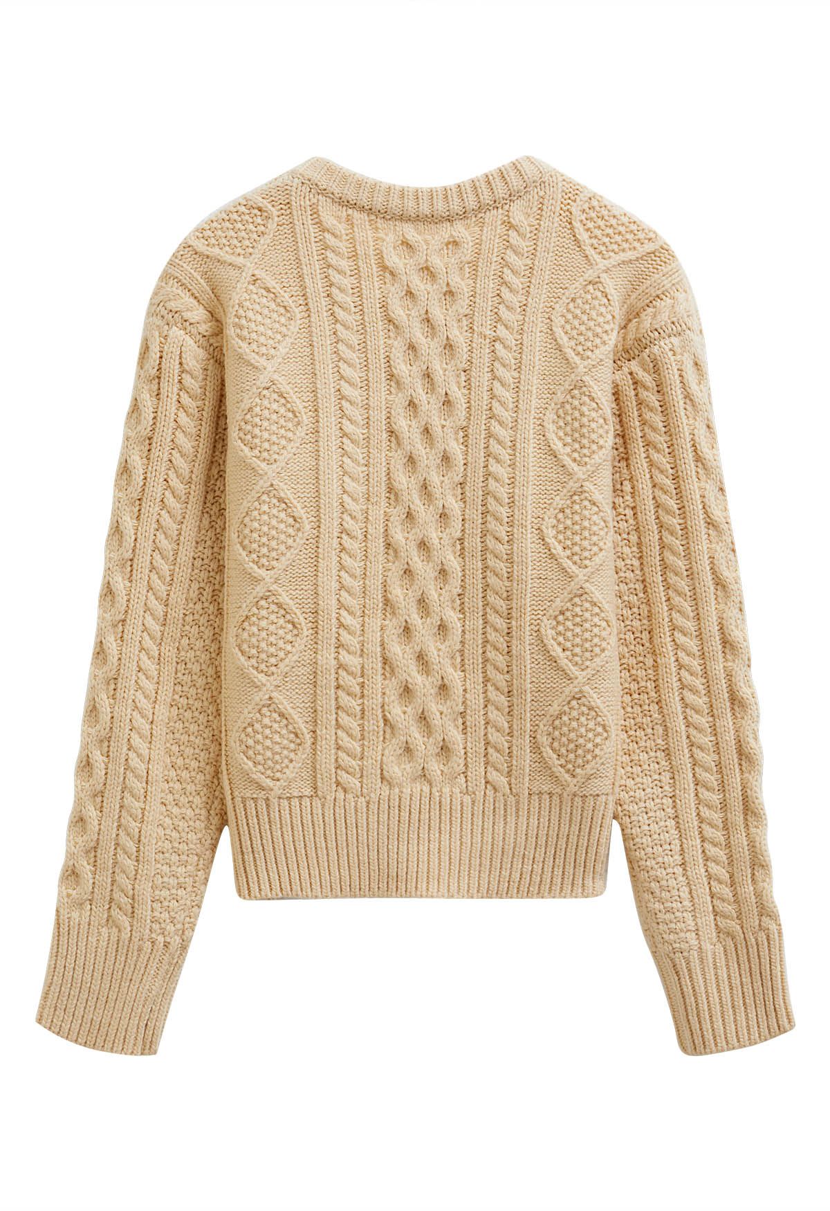 Hug-Me Cable Knit Crewneck Sweater in Light Yellow