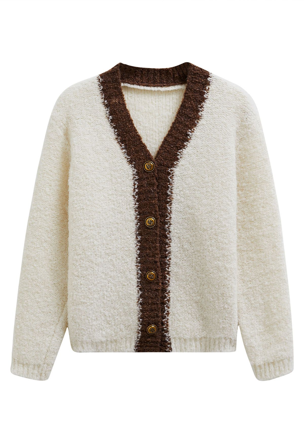 Contrast Trim Buttoned Fuzzy Knit Cardigan in Ivory