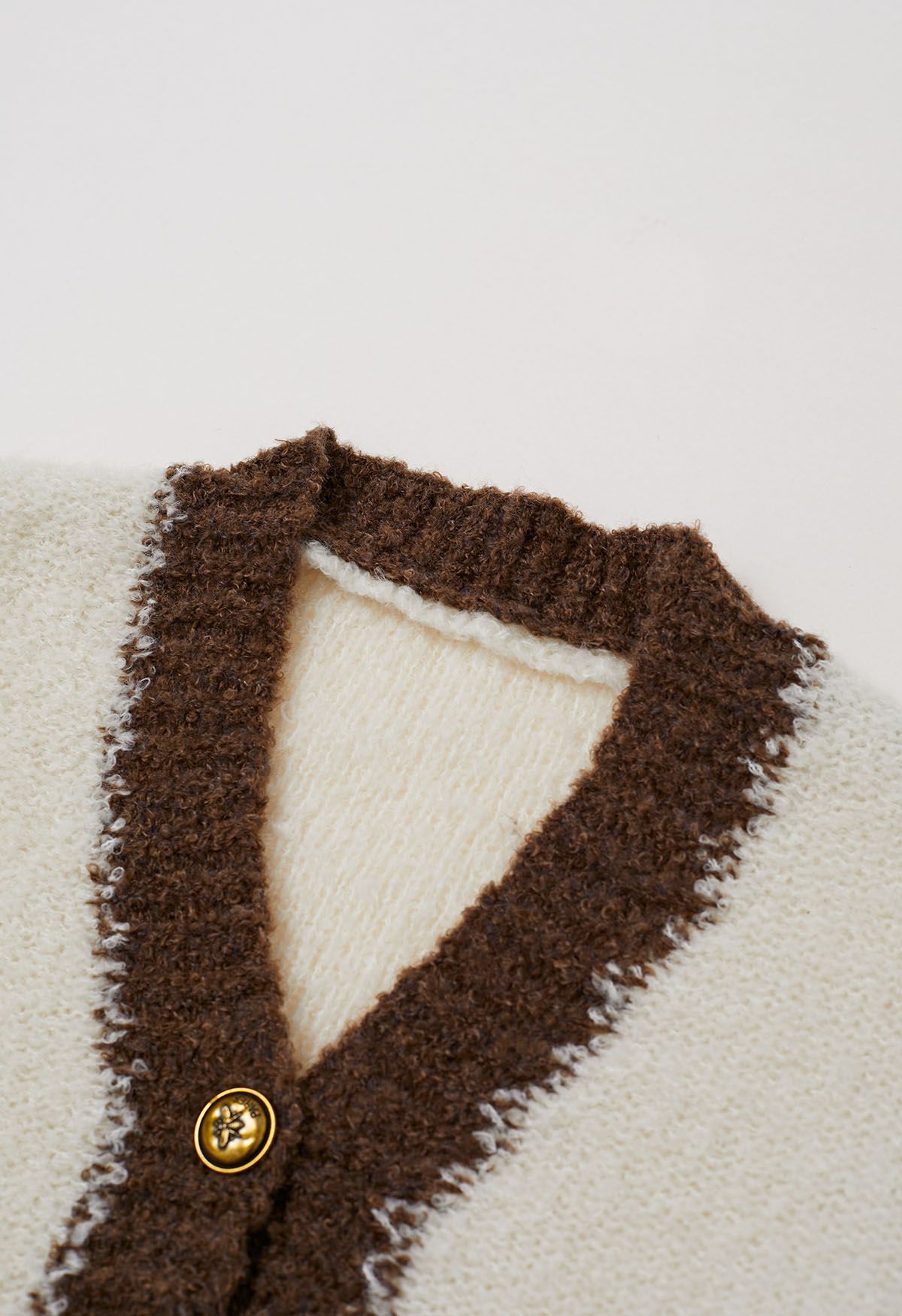 Contrast Trim Buttoned Fuzzy Knit Cardigan in Ivory