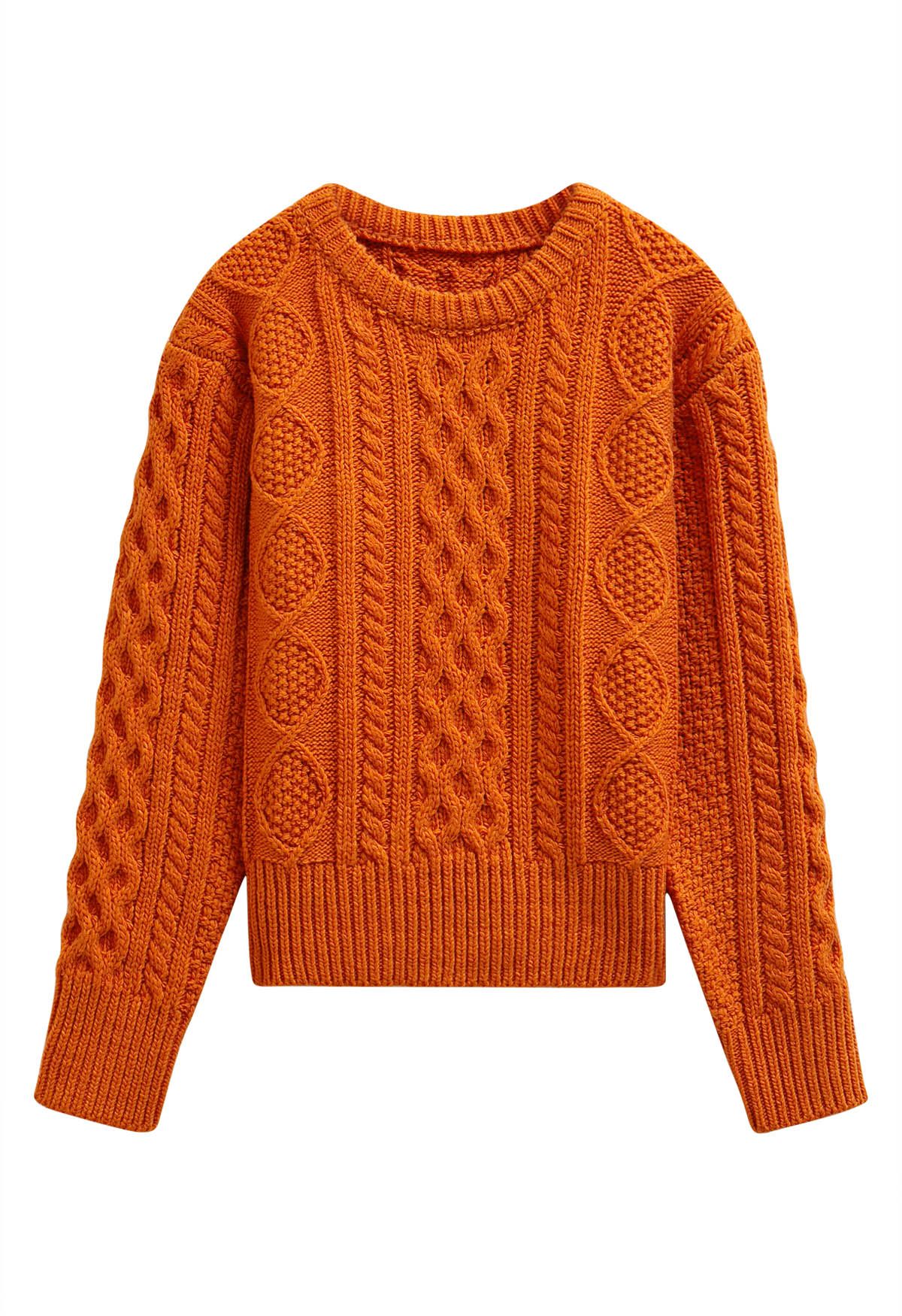 Hug-Me Cable Knit Crewneck Sweater in Pumpkin