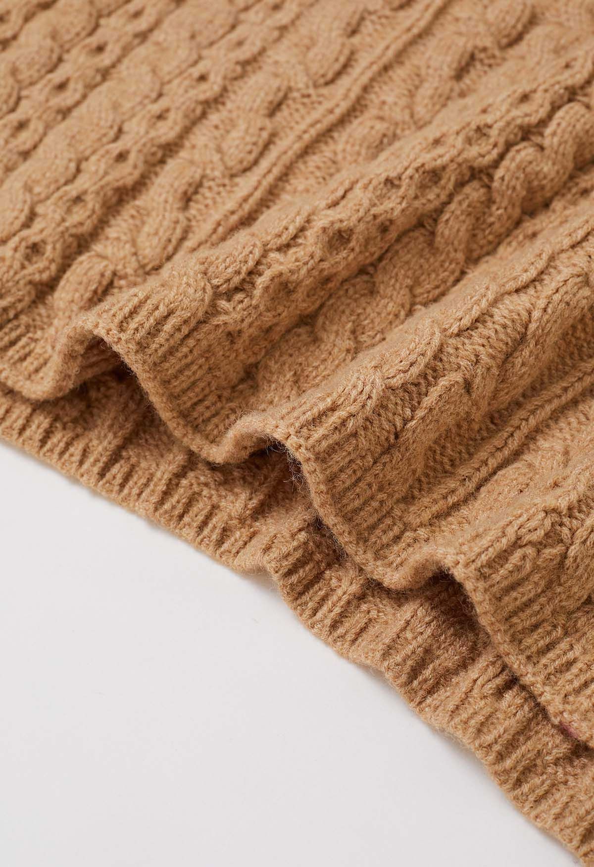 Warmth Turtleneck Cable Knit Cape Sweater in Camel