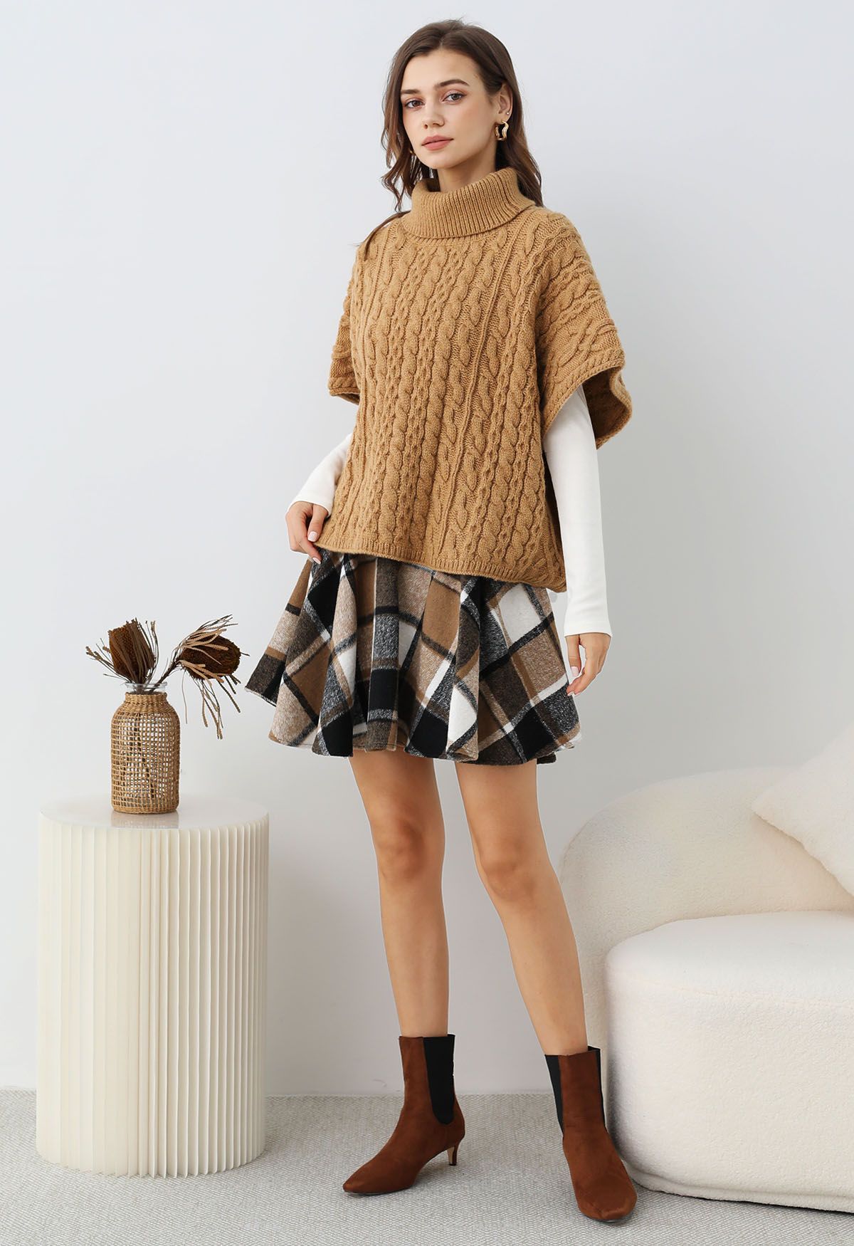 Warmth Turtleneck Cable Knit Cape Sweater in Camel