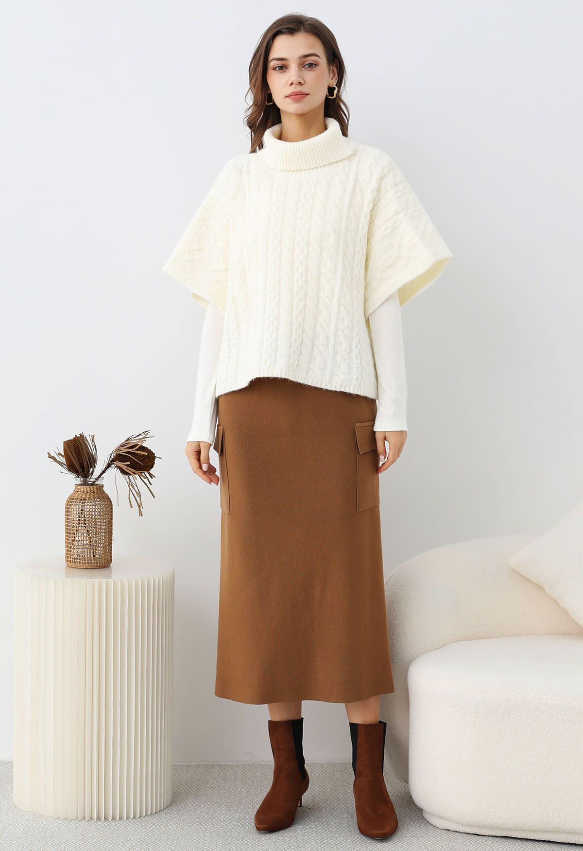 Warmth Turtleneck Cable Knit Cape Sweater in Ivory