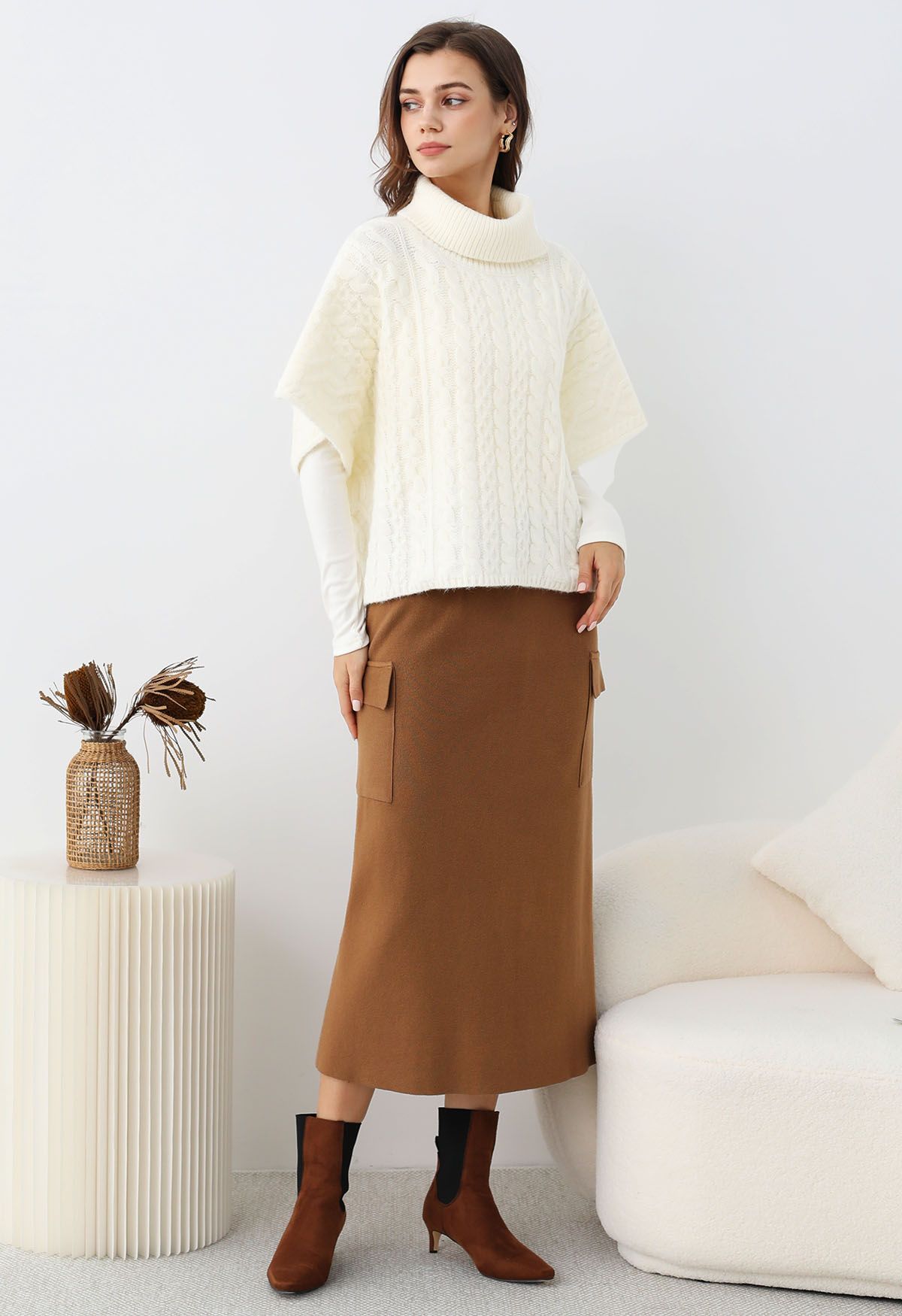 Warmth Turtleneck Cable Knit Cape Sweater in Ivory