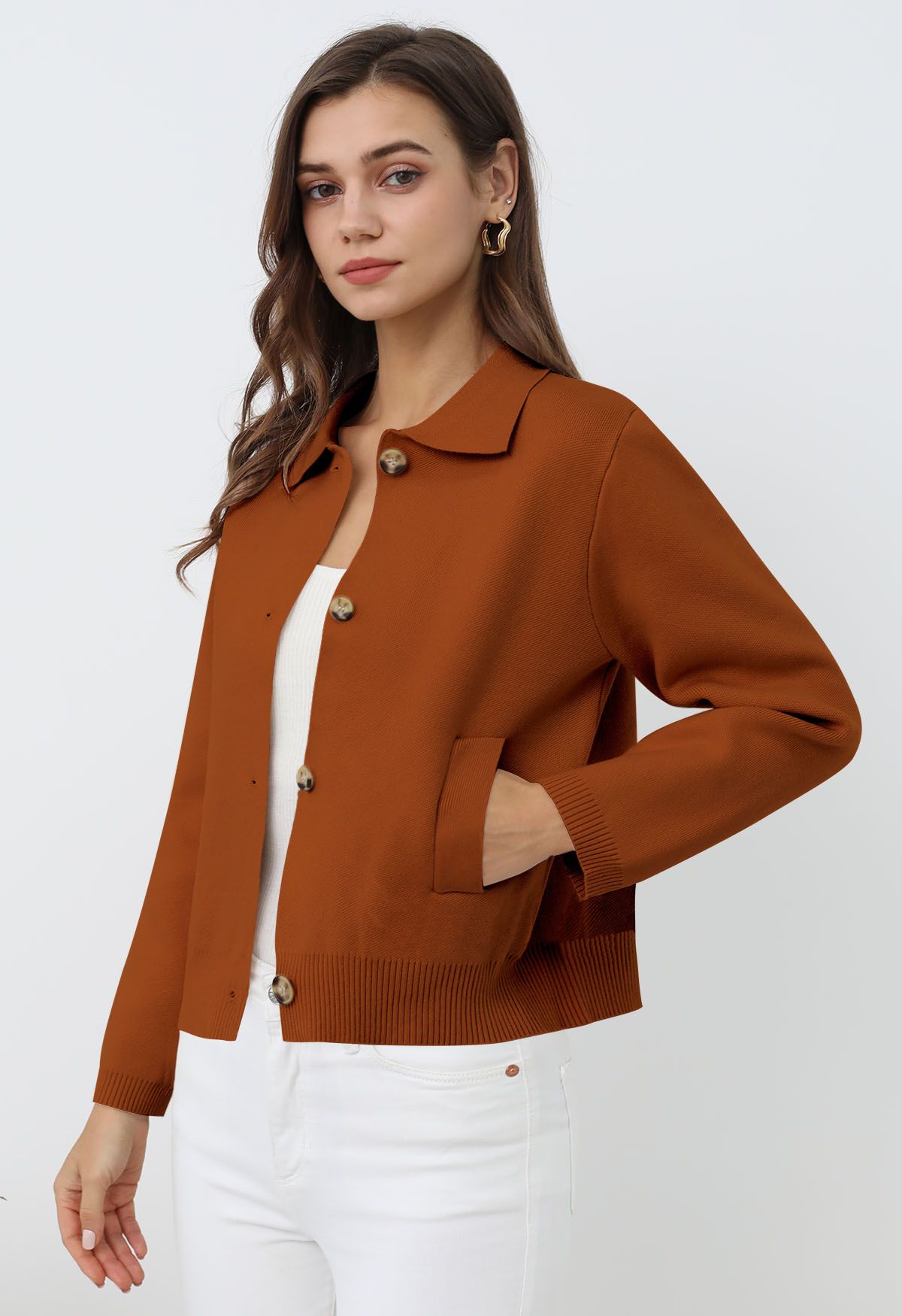 Classic Collar Button Down Knit Jacket in Caramel