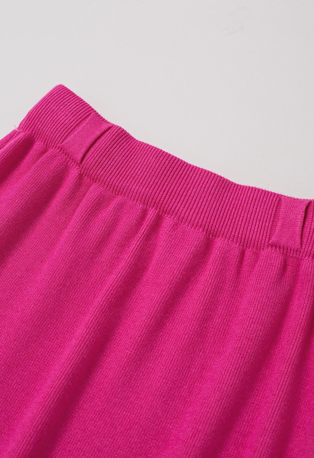 Chain Belt Fringe Hem Knit Maxi Skirt in Hot Pink