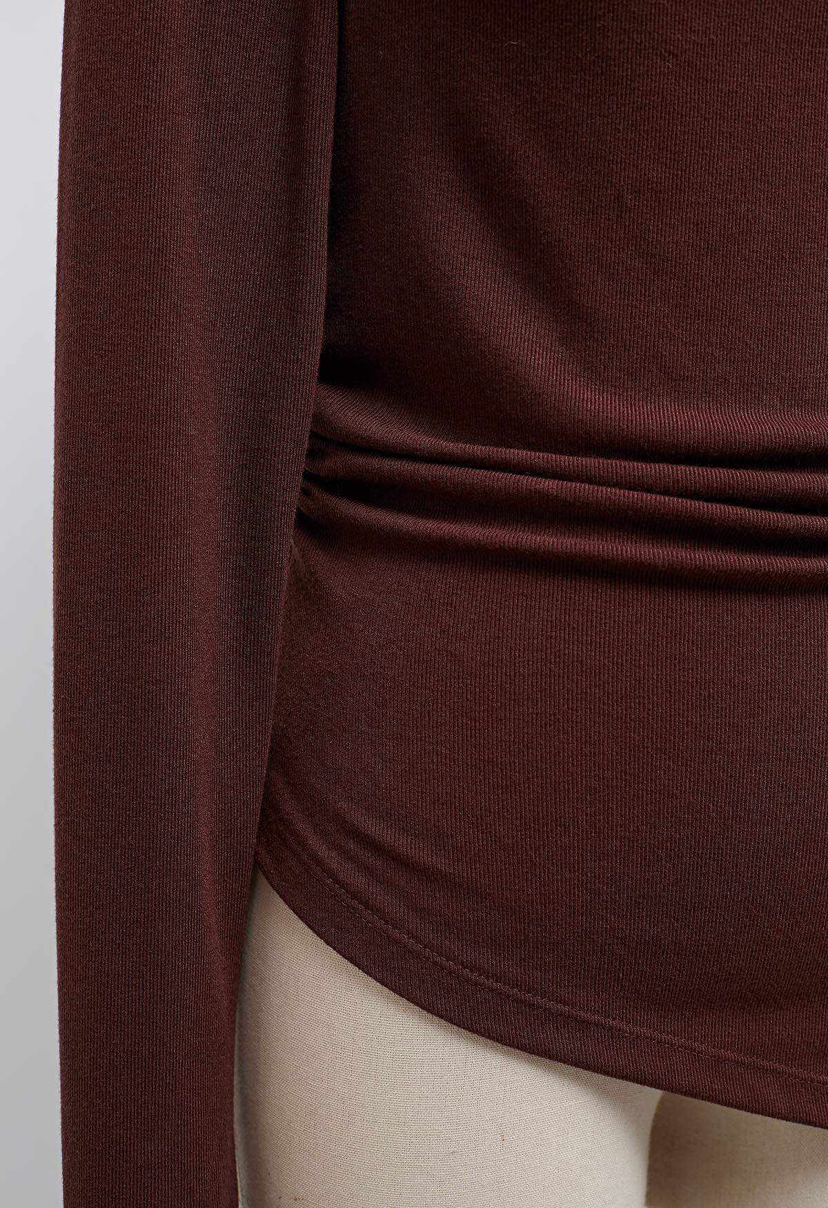 Asymmetrical Neckline Ruched Detail Top in Burgundy