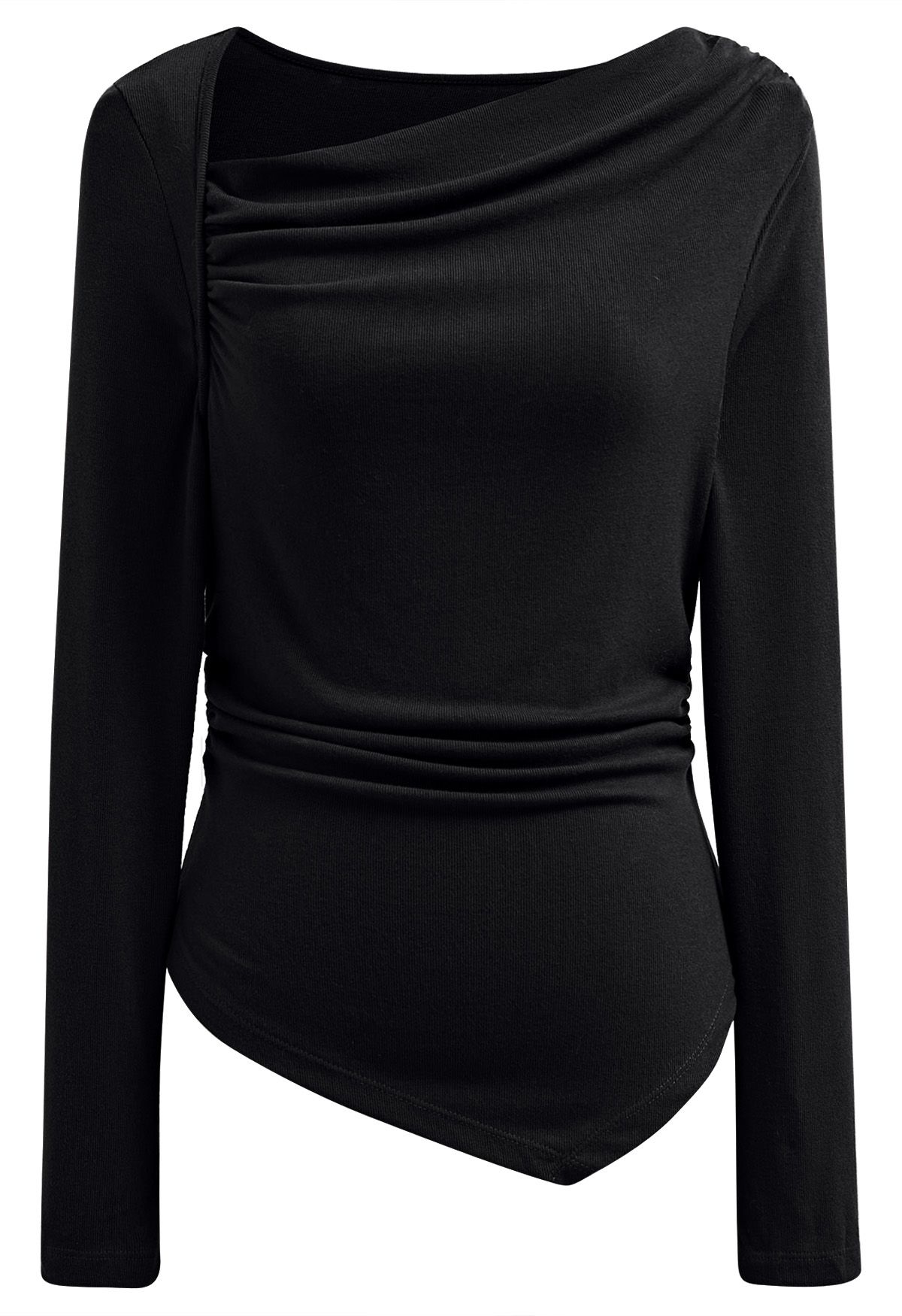 Asymmetrical Neckline Ruched Detail Top in Black