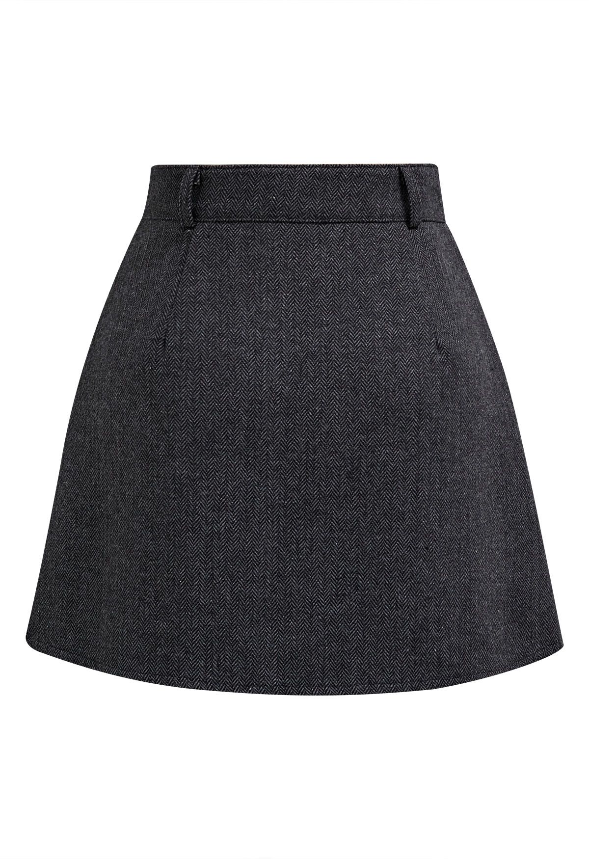 Herringbone Pocket Pleated Hem Mini Skirt