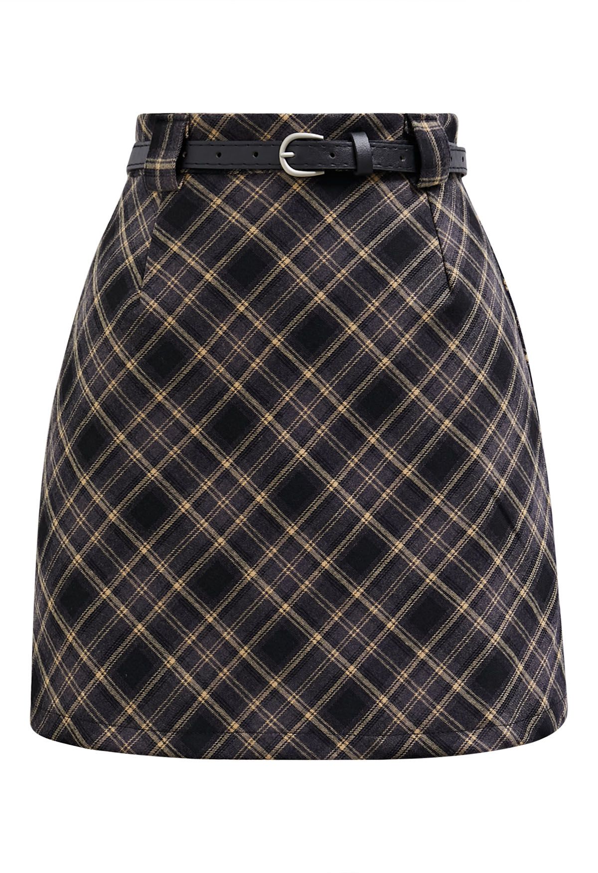 Darling Plaid Belted Mini Skirt in Black