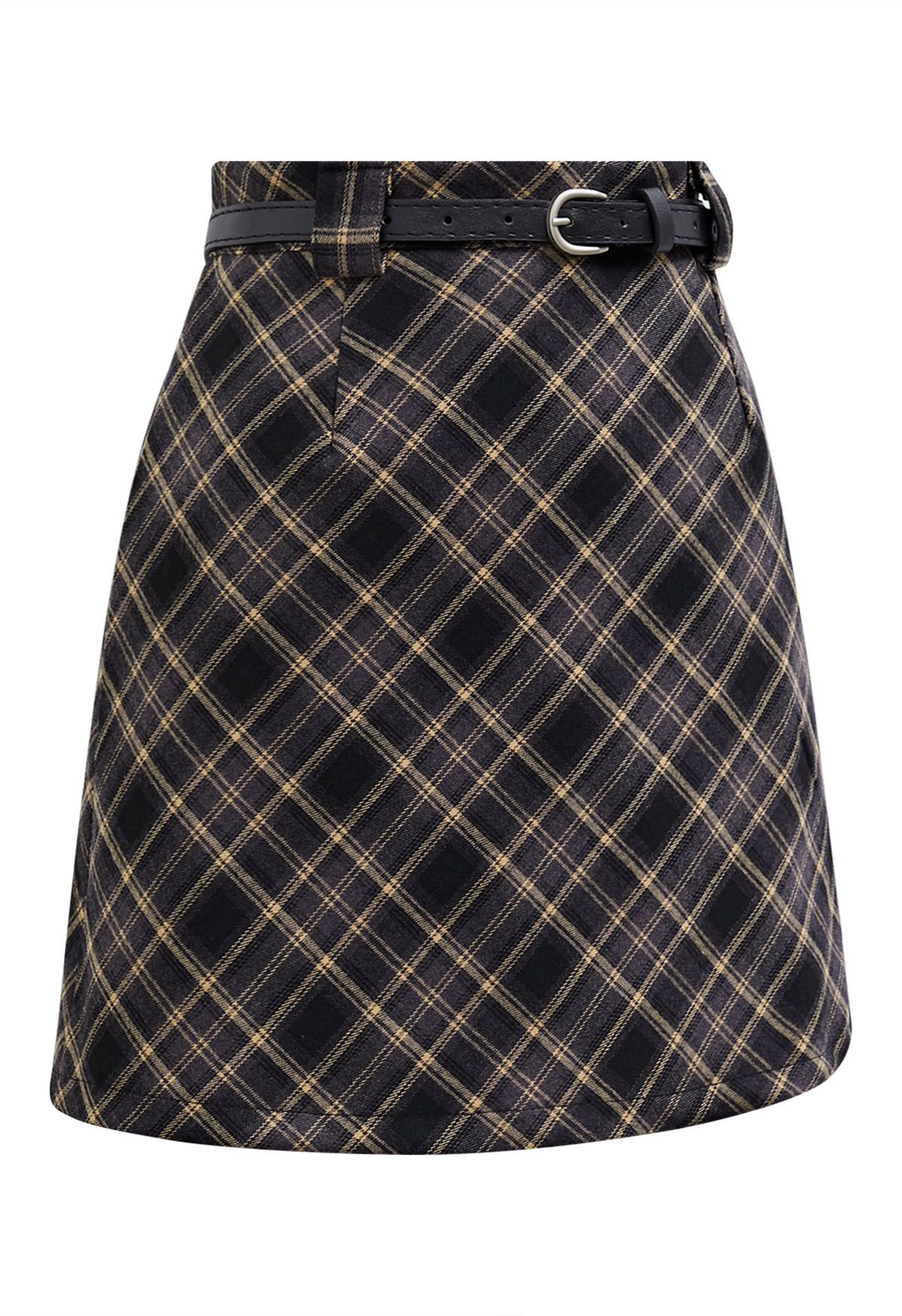 Darling Plaid Belted Mini Skirt in Black