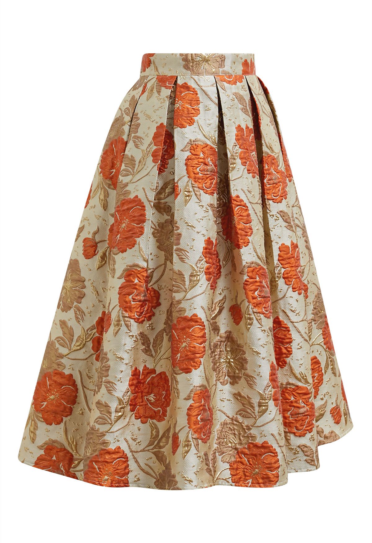 Ornate Floral Jacquard Pleated Flare Midi Skirt in Orange