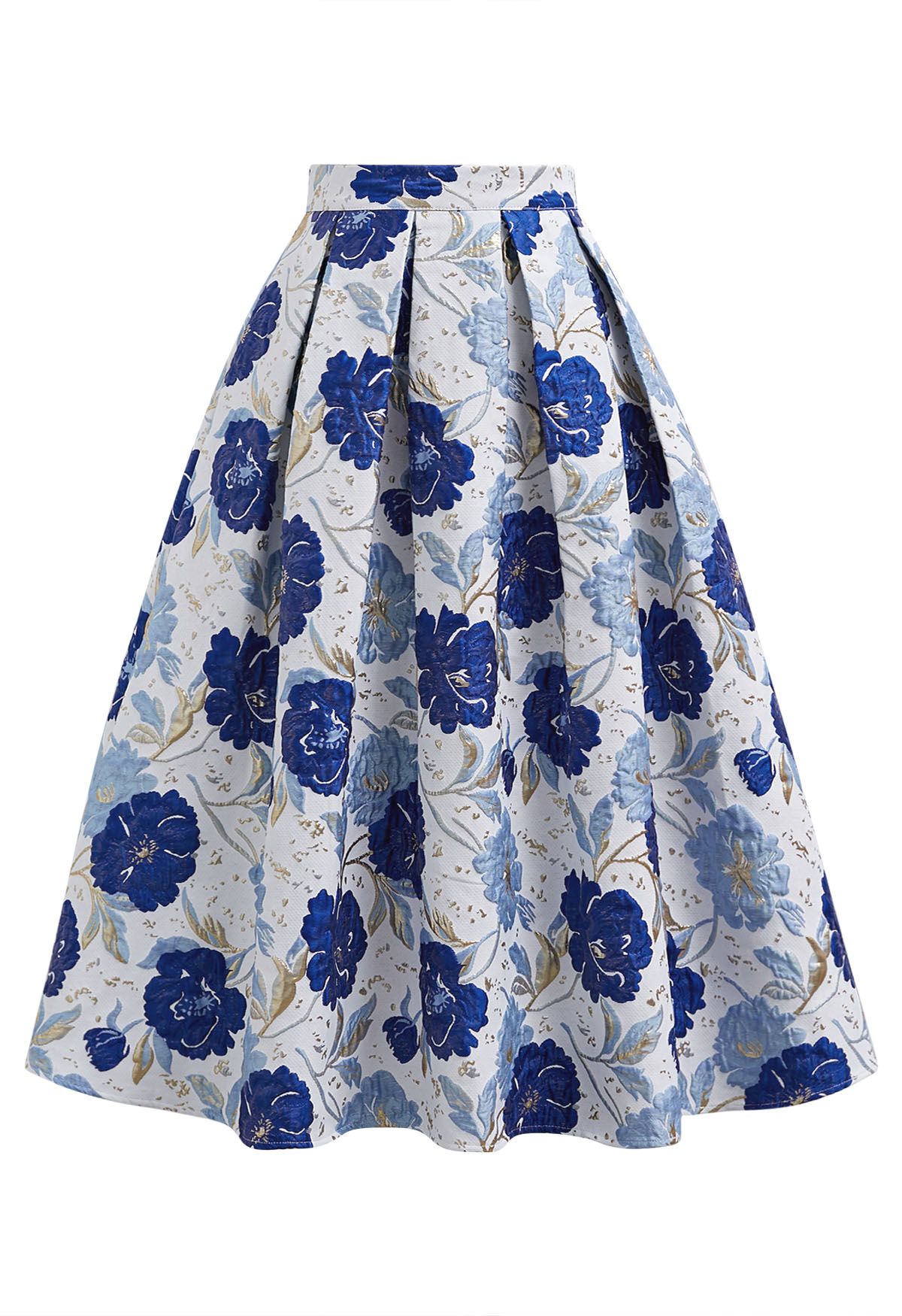 Ornate Floral Jacquard Pleated Flare Midi Skirt in Indigo