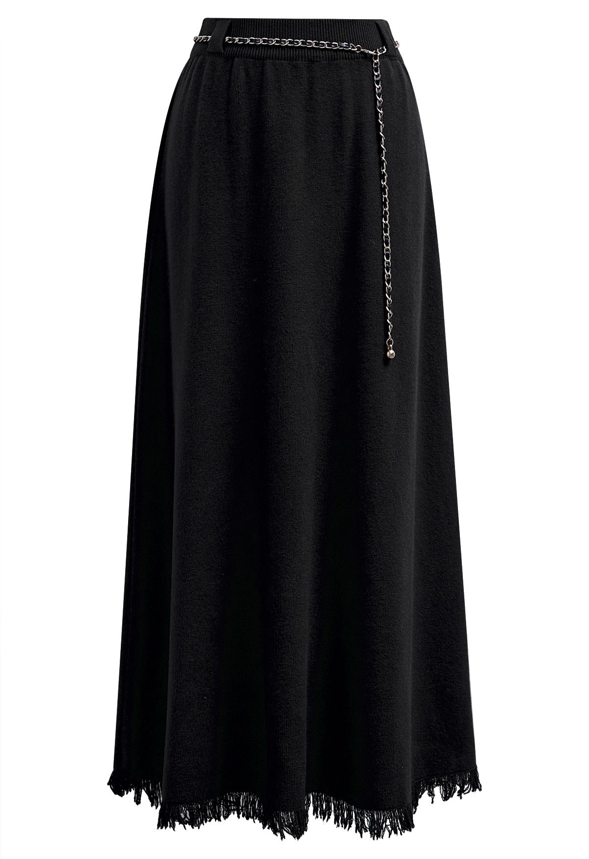 Chain Belt Fringe Hem Knit Maxi Skirt in Black