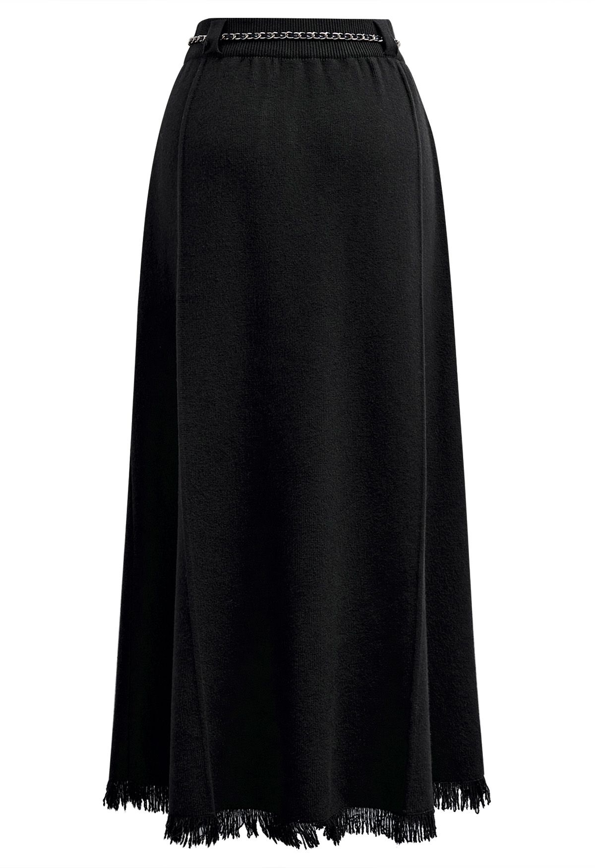 Chain Belt Fringe Hem Knit Maxi Skirt in Black