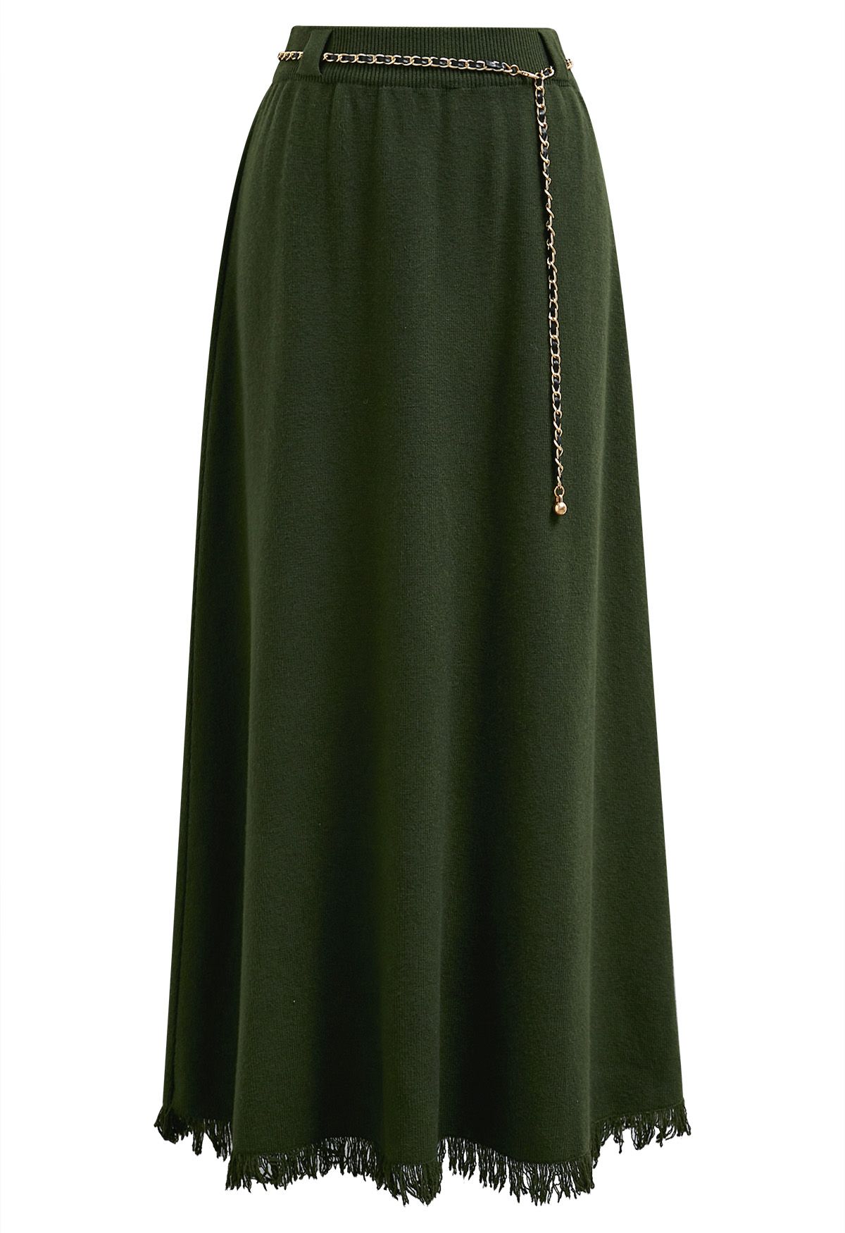 Chain Belt Fringe Hem Knit Maxi Skirt in Army Green