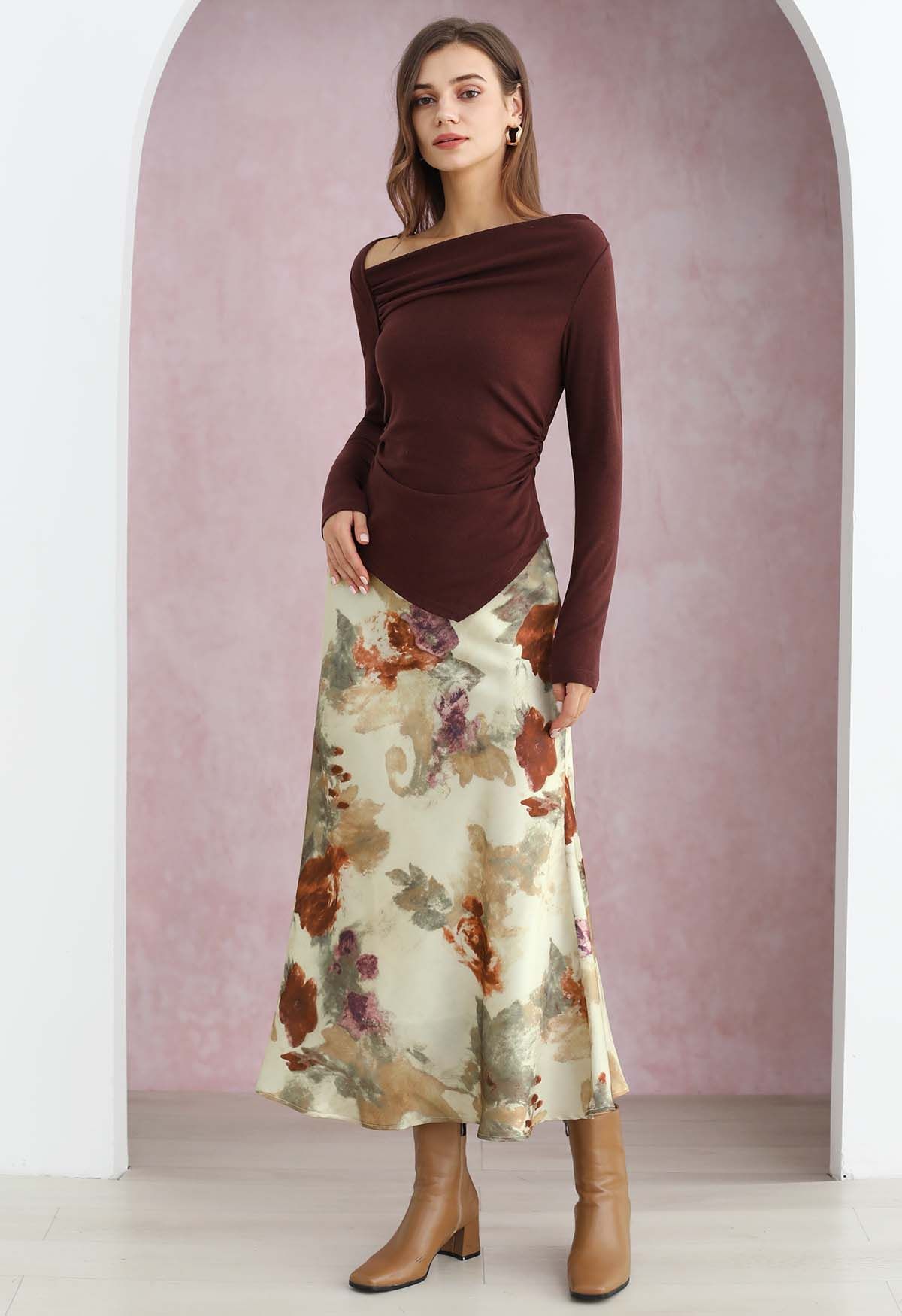 Dreamy Floral Watercolor Print Flare Maxi Skirt