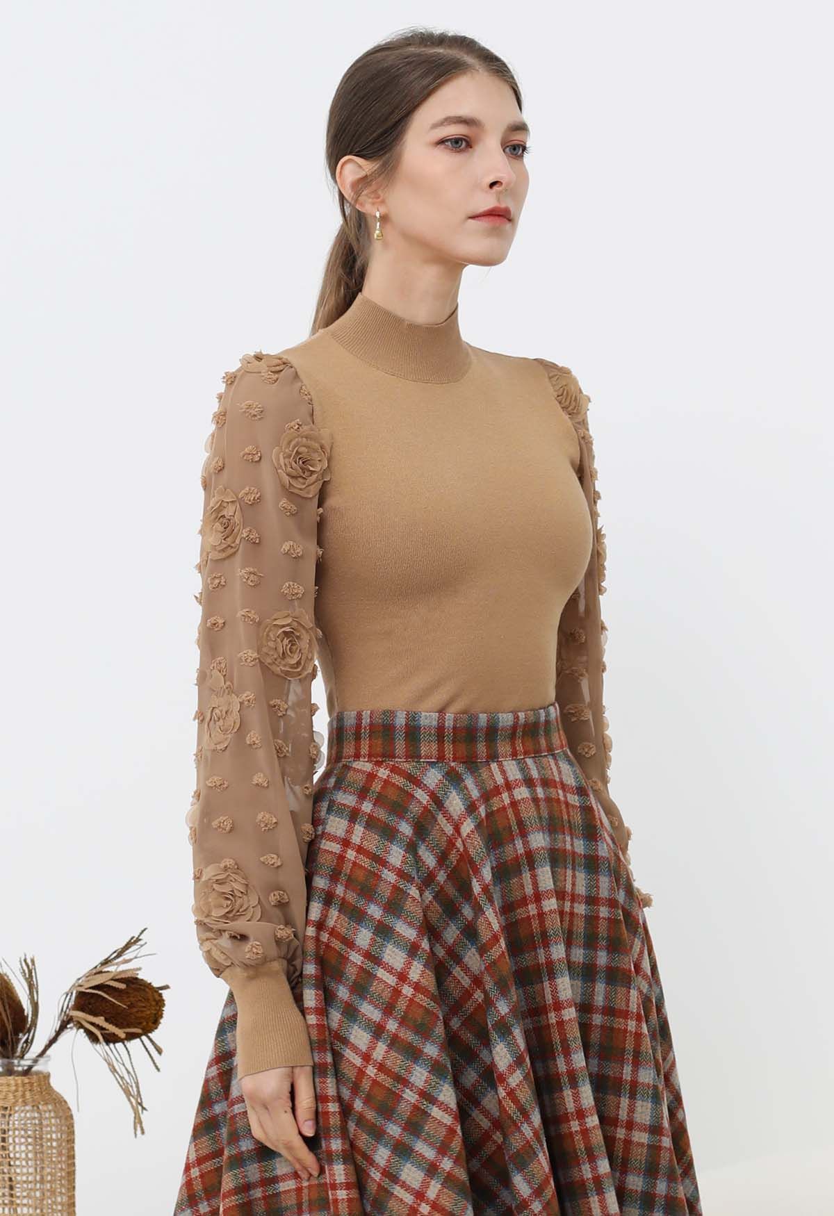 Rose Cotton Candy Spliced Sleeves Knit Top in Caramel