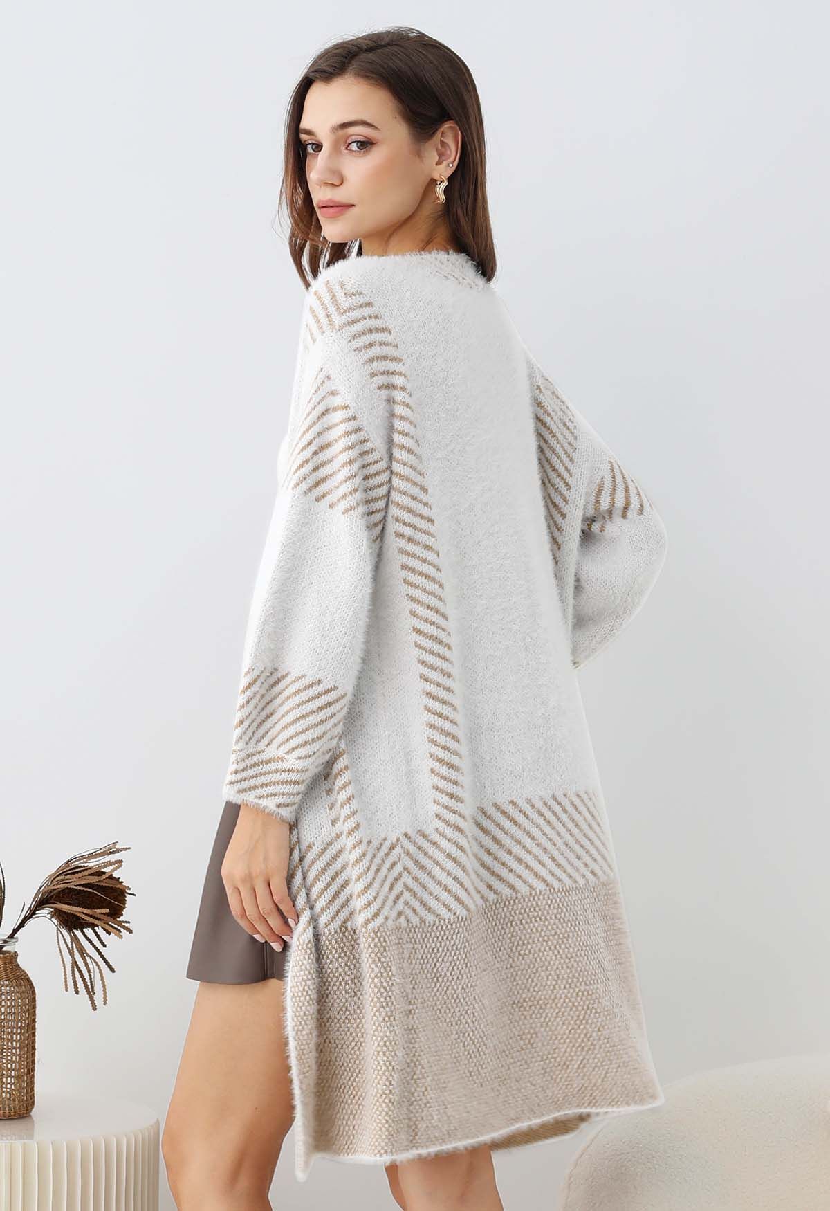 Diagonal Stripe Fuzzy Knit Longline Cardigan