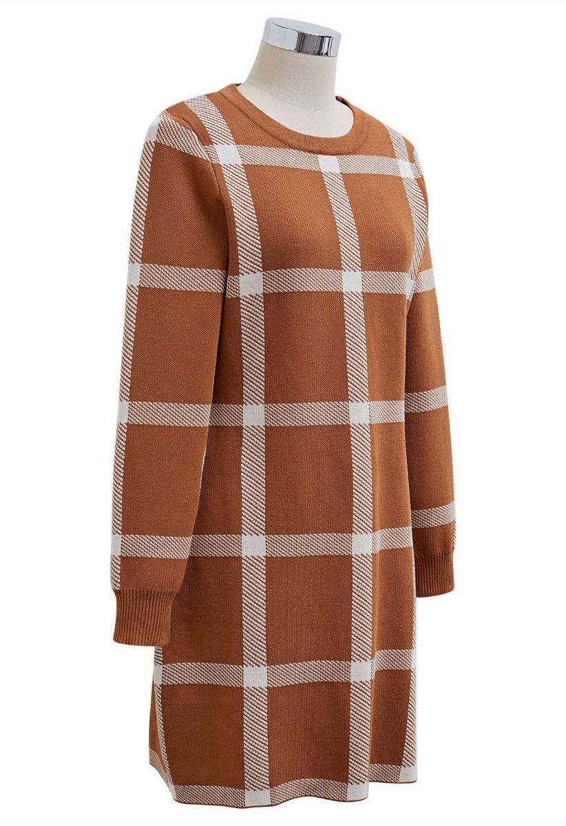 Fall Wear Check Pattern Sweater Dress in Pumpkin