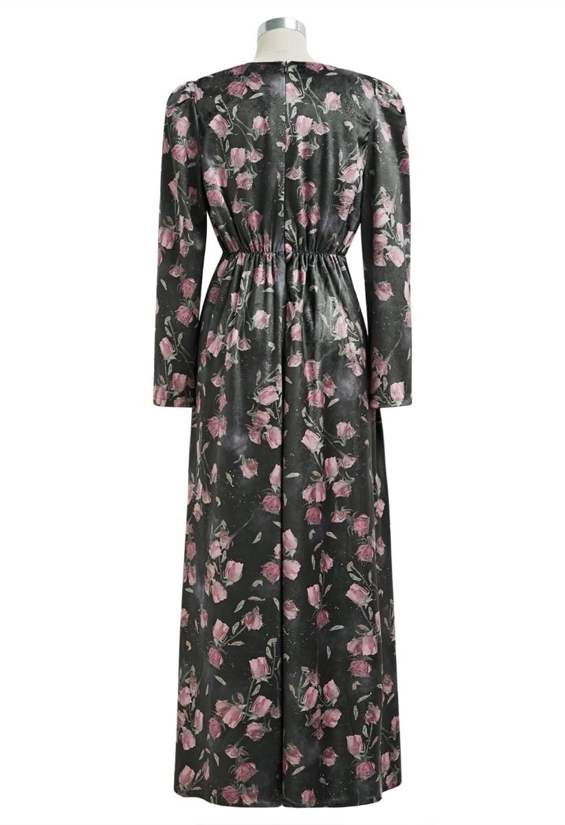 Rosy Elegance Drawstring Wrapped Velvet Maxi Dress in Smoke